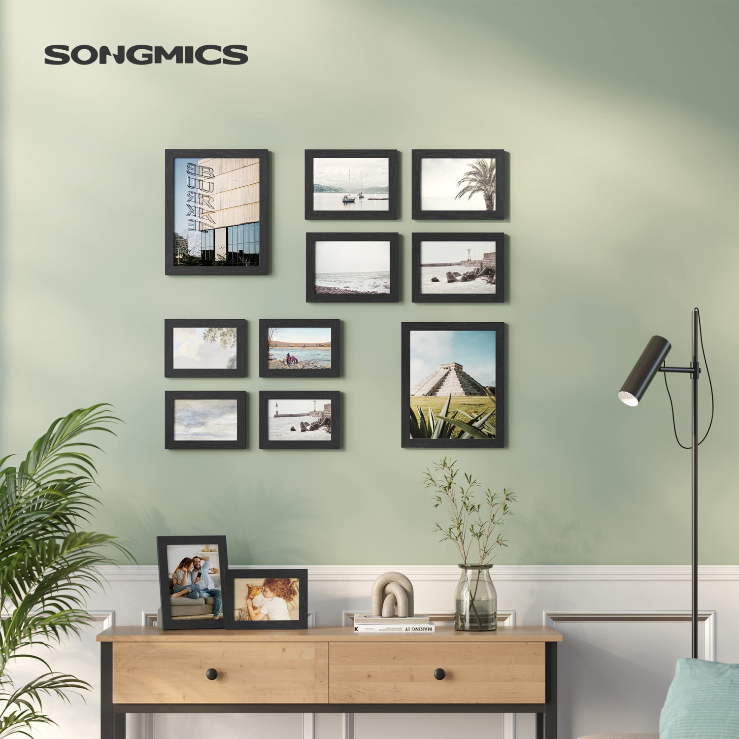 SONGMICS Collage Picture Frames, Set of 10 Photo Frames, Collage Frames, Clear Glass Front, Ink Black URPF10B