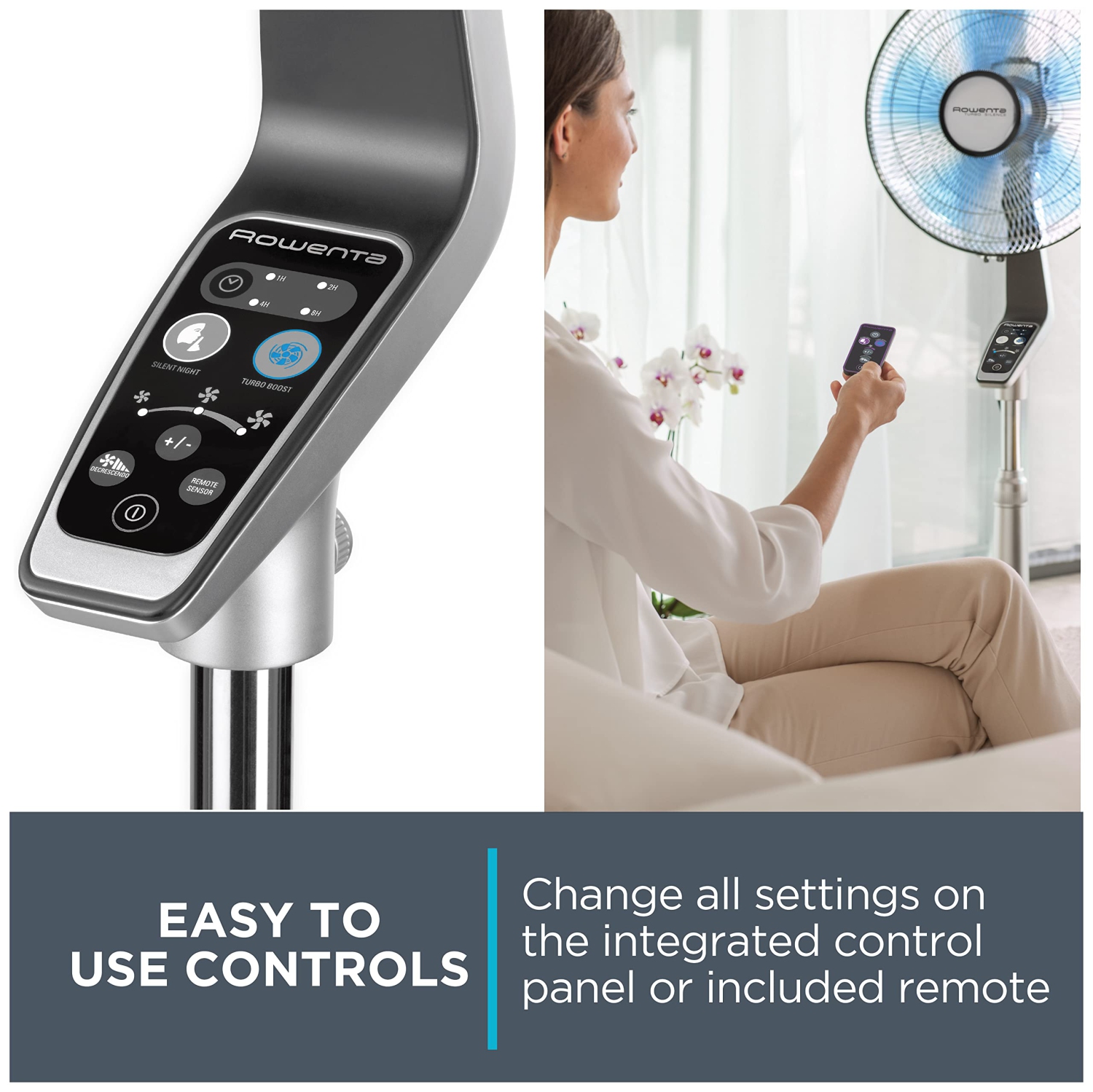 Rowenta – ventilateur sur pied oscillant VU5670 Turbo Silence avec télécommande, ventilateur sur pied, 5 vitesses, argenté