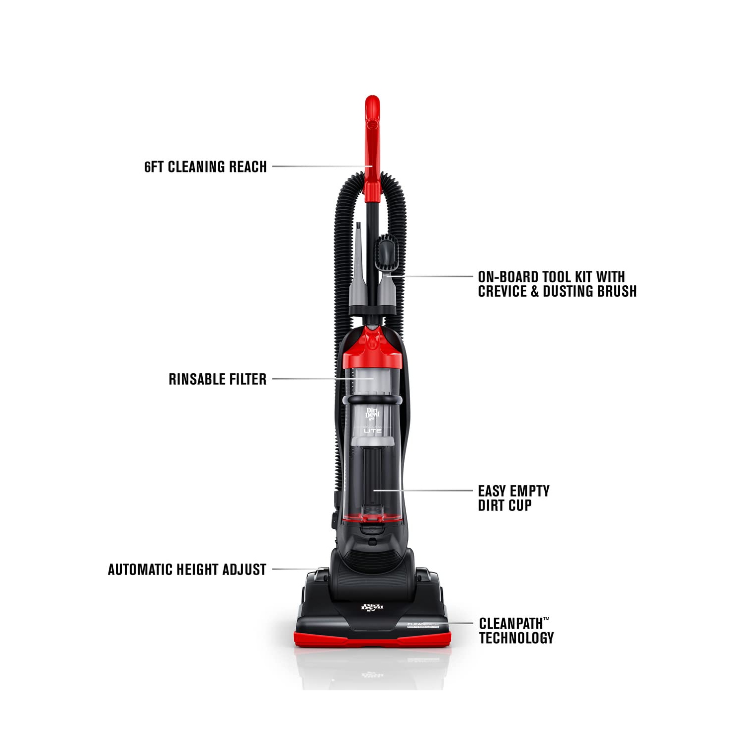 Dirt Devil Endura Lite Bagless Vacuum Cleaner, Small Upright for Carpet and Hard Floor, Lightweight, UD20121, Red