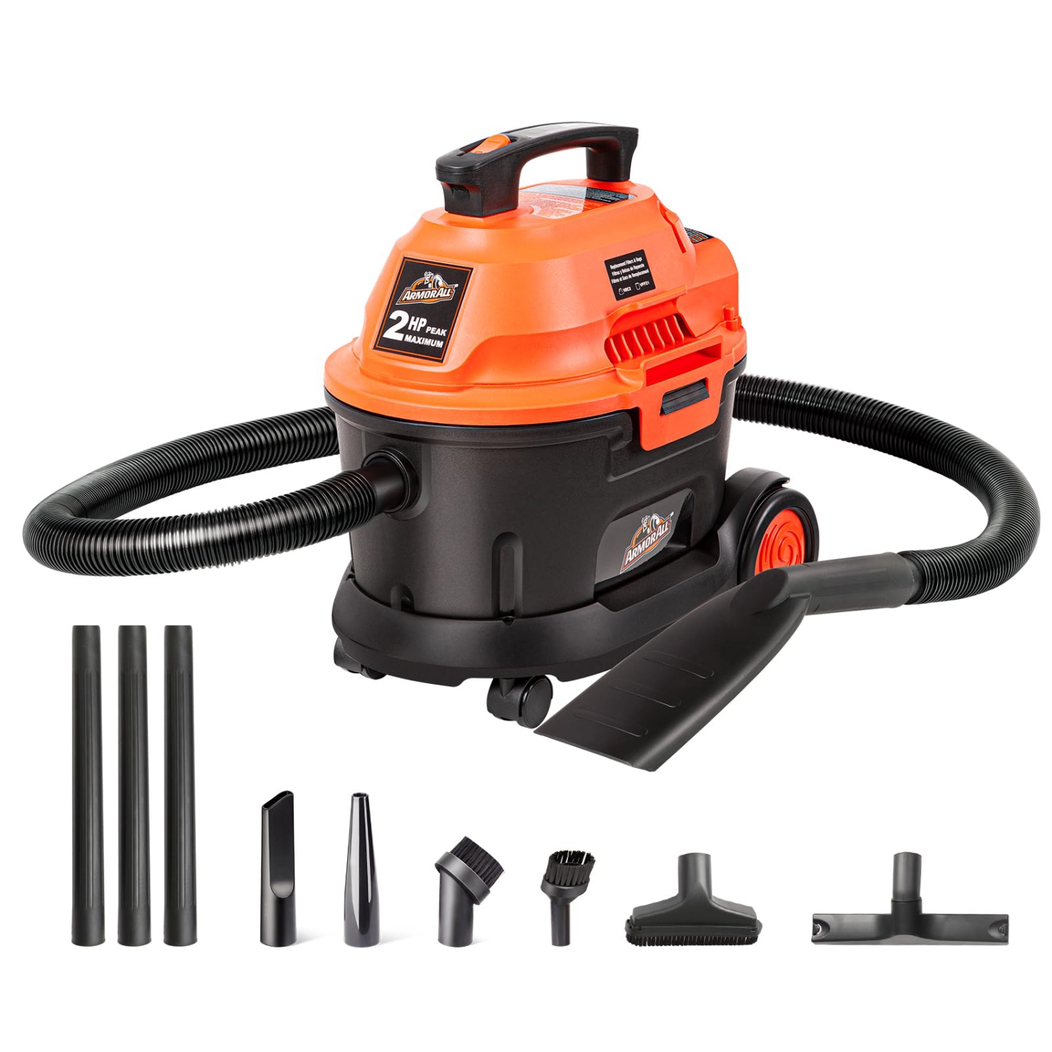 Armor All – aspirateur à déchets secs/humides 255&nbsp;W de 2,5 gallons, 2,0 a, pointe, avec buses et brosse, 2,5 gallons, orange/noir