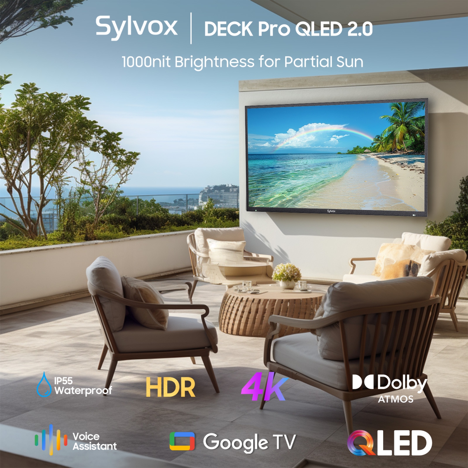 SYLVOX Outdoor TV, 65'' QLED Smart TV, IP55 Waterproof, Dolby Atmos HDR 10, Voice Remote,1000nits Weatherproof Television, Chromecast Built-in for