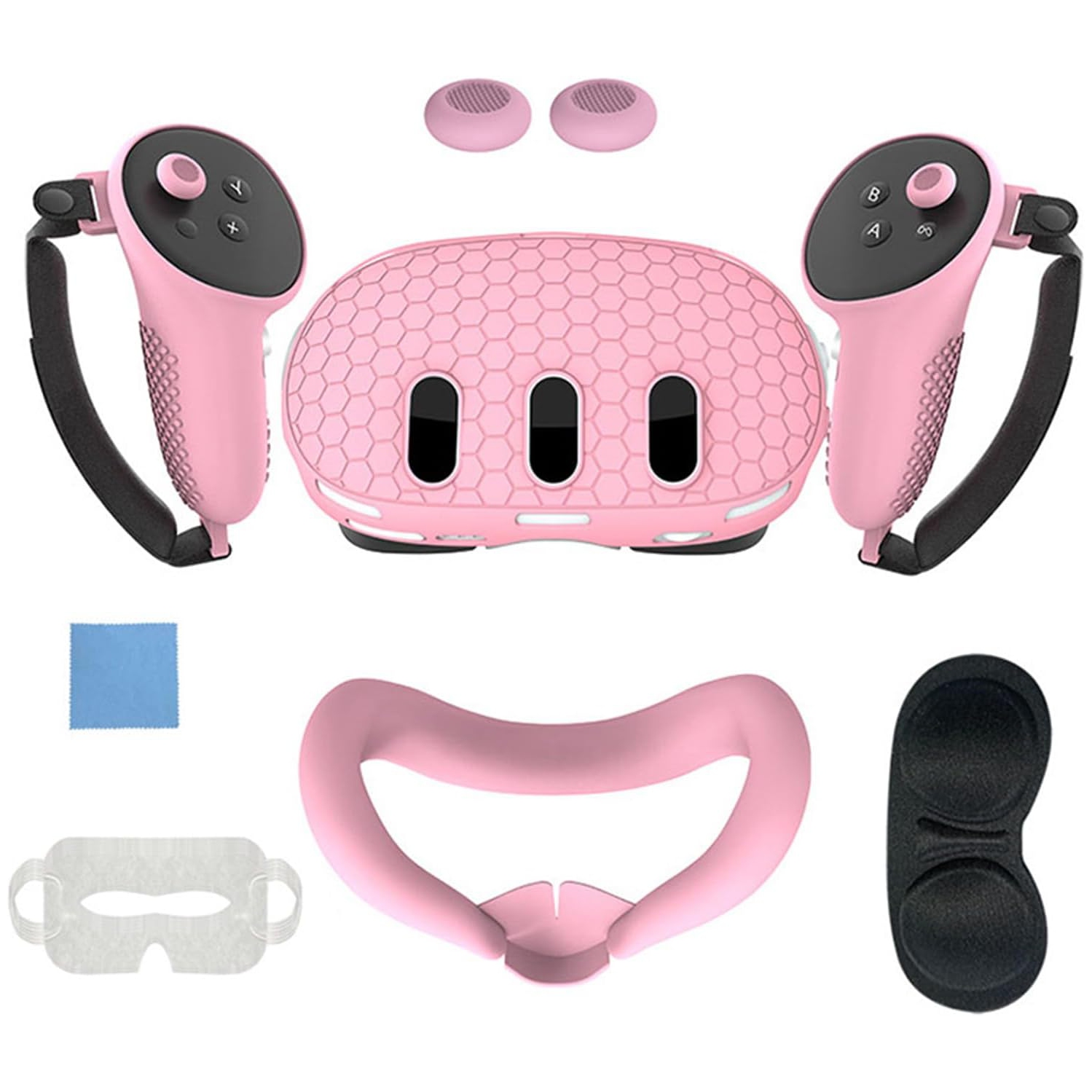 navor 7 in 1 Silicone Protective Case Cover Set for Meta Quest 3 VR Accessories Headset Controller Shell, Eyes, Face, Grip Button & Lens Cover-Pink
