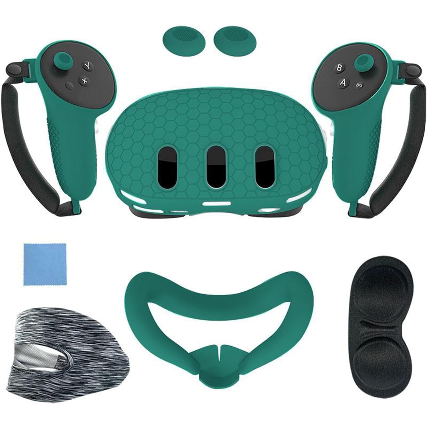 navor 7 in 1 Silicone Protective Case Cover Set for Meta Quest 3 VR Accessories Headset Controller Shell, Eyes, Face, Grip Button & Lens Cover-Green