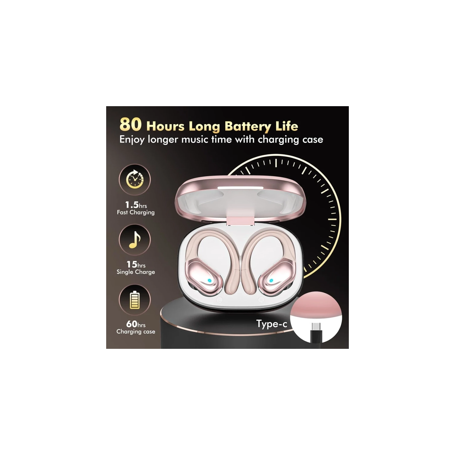 Wireless Bluetooth Earbuds with 80hrs Playback, Noise Canceling Mic & Power Display - Earhooks for Sports, Workout, Running