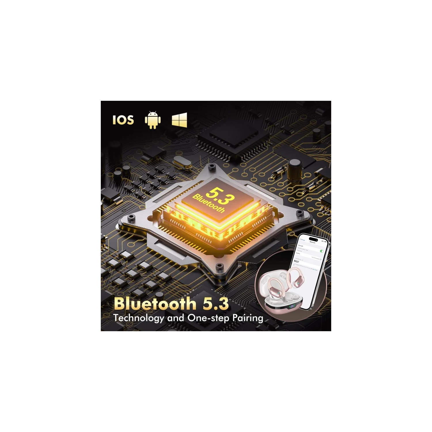 Wireless Bluetooth Earbuds with 80hrs Playback, Noise Canceling Mic & Power Display - Earhooks for Sports, Workout, Running