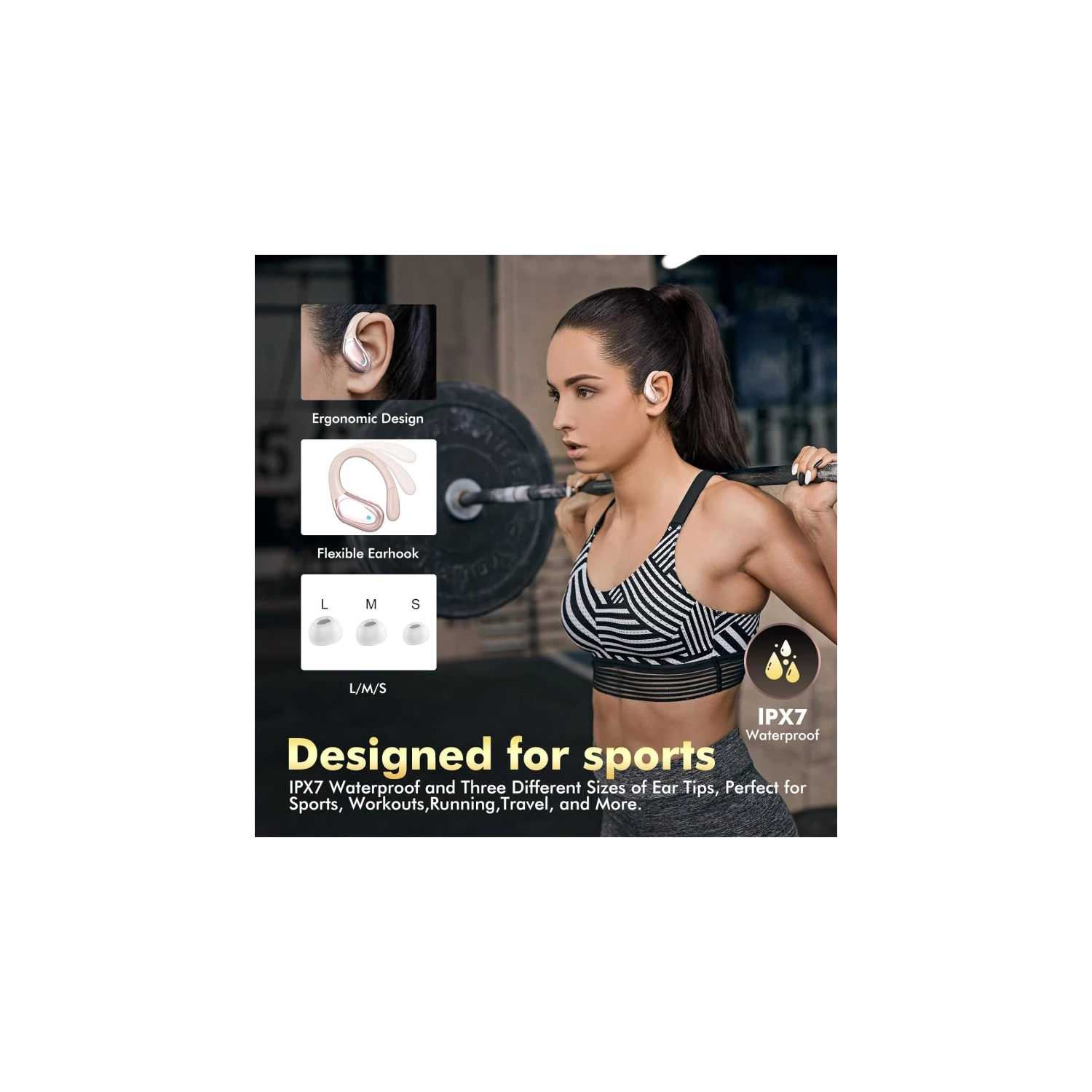 Wireless Bluetooth Earbuds with 80hrs Playback, Noise Canceling Mic & Power Display - Earhooks for Sports, Workout, Running