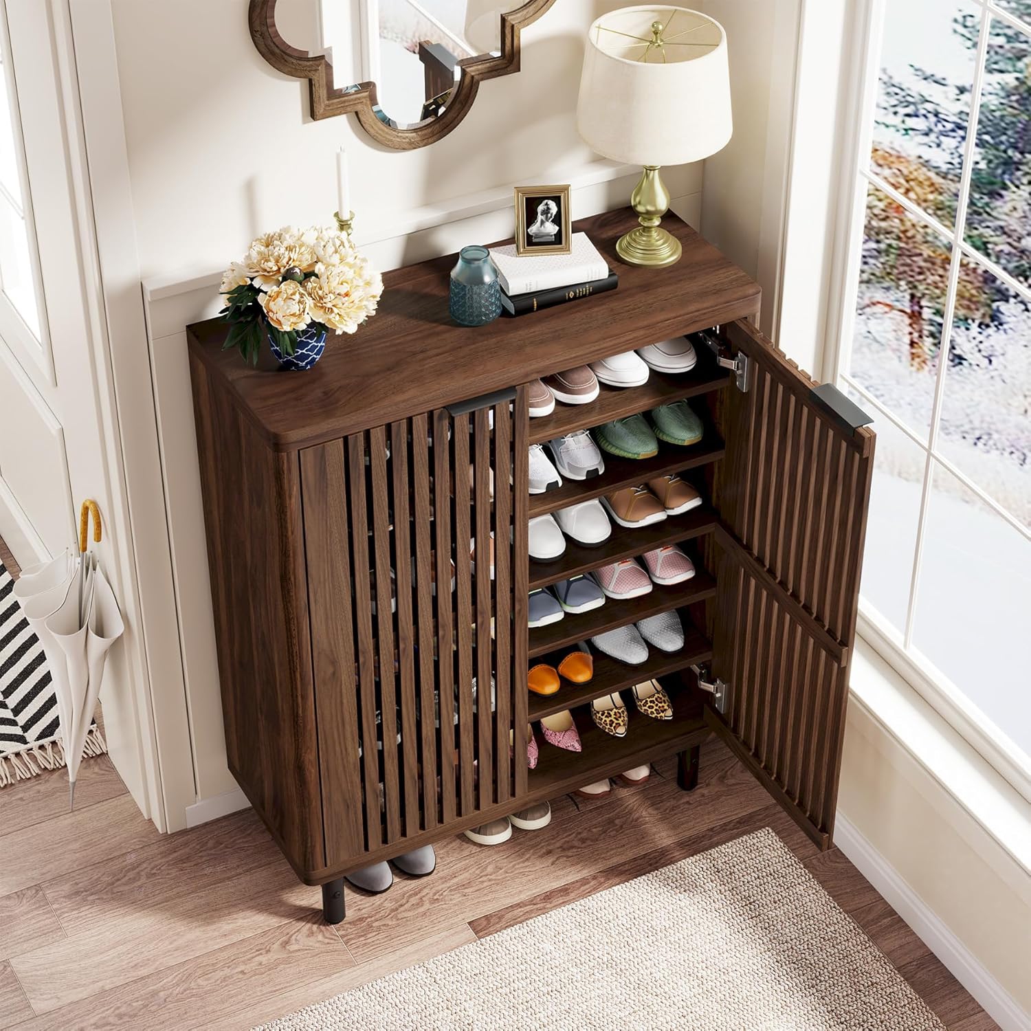 Tribesigns 6-Tier Shoe Cabinet with Louvered Doors, Large Wooden Shoe Storage Cabinet with Adjustable Shelves