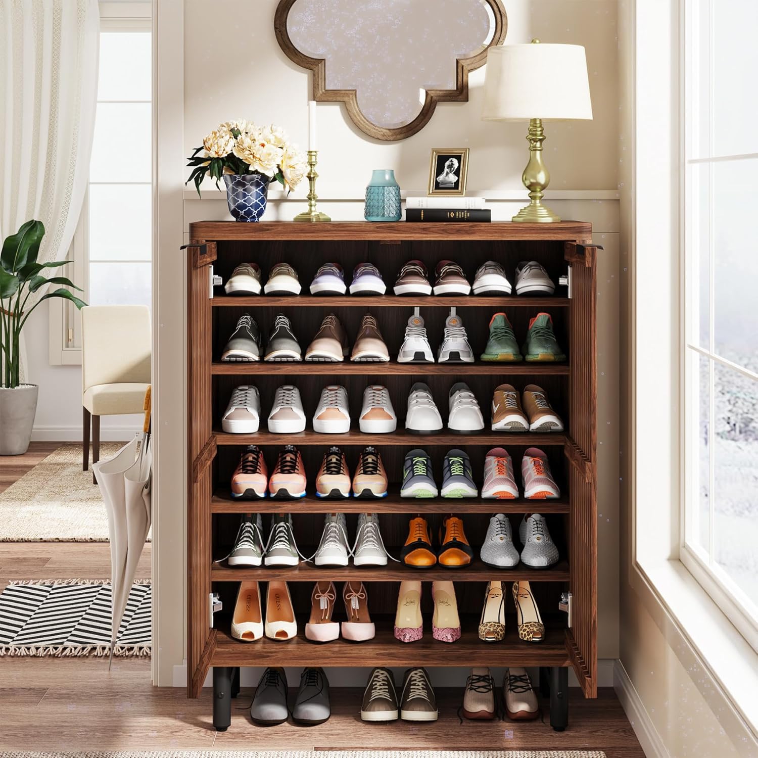 Tribesigns 6-Tier Shoe Cabinet with Louvered Doors, Large Wooden Shoe Storage Cabinet with Adjustable Shelves