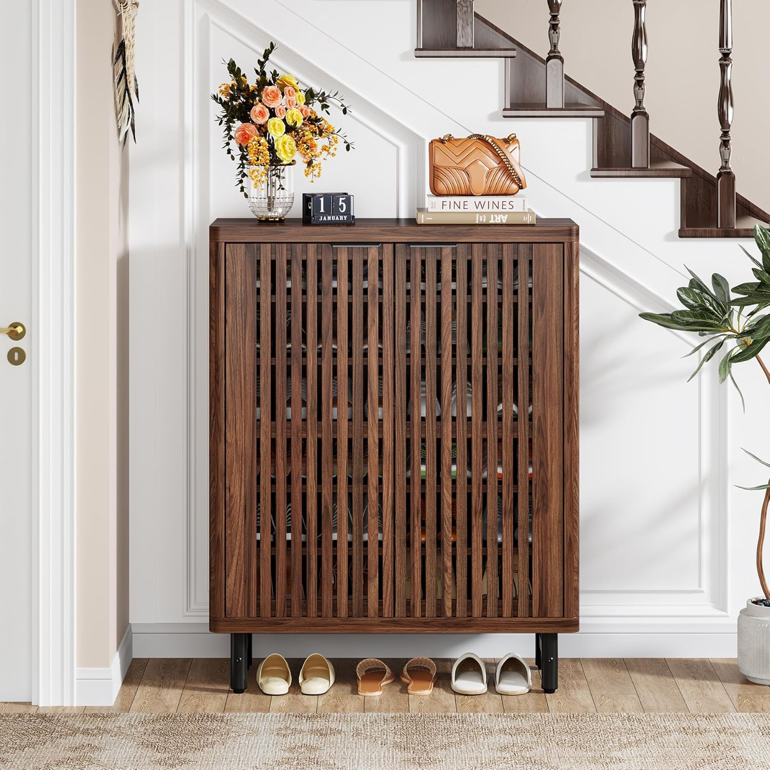 Tribesigns 6-Tier Shoe Cabinet with Louvered Doors, Large Wooden Shoe Storage Cabinet with Adjustable Shelves