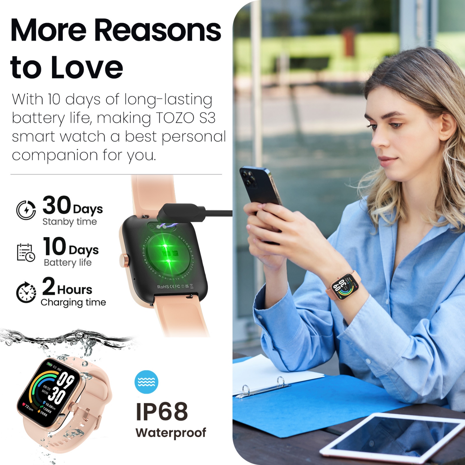 TOZO S3 Smart Watch Answer/Make Call Bluetooth Fitness Tracker Heart Rate Blood Oxygen Sleep Monitor IP68 Waterproof 1.83-inch HD Men Women