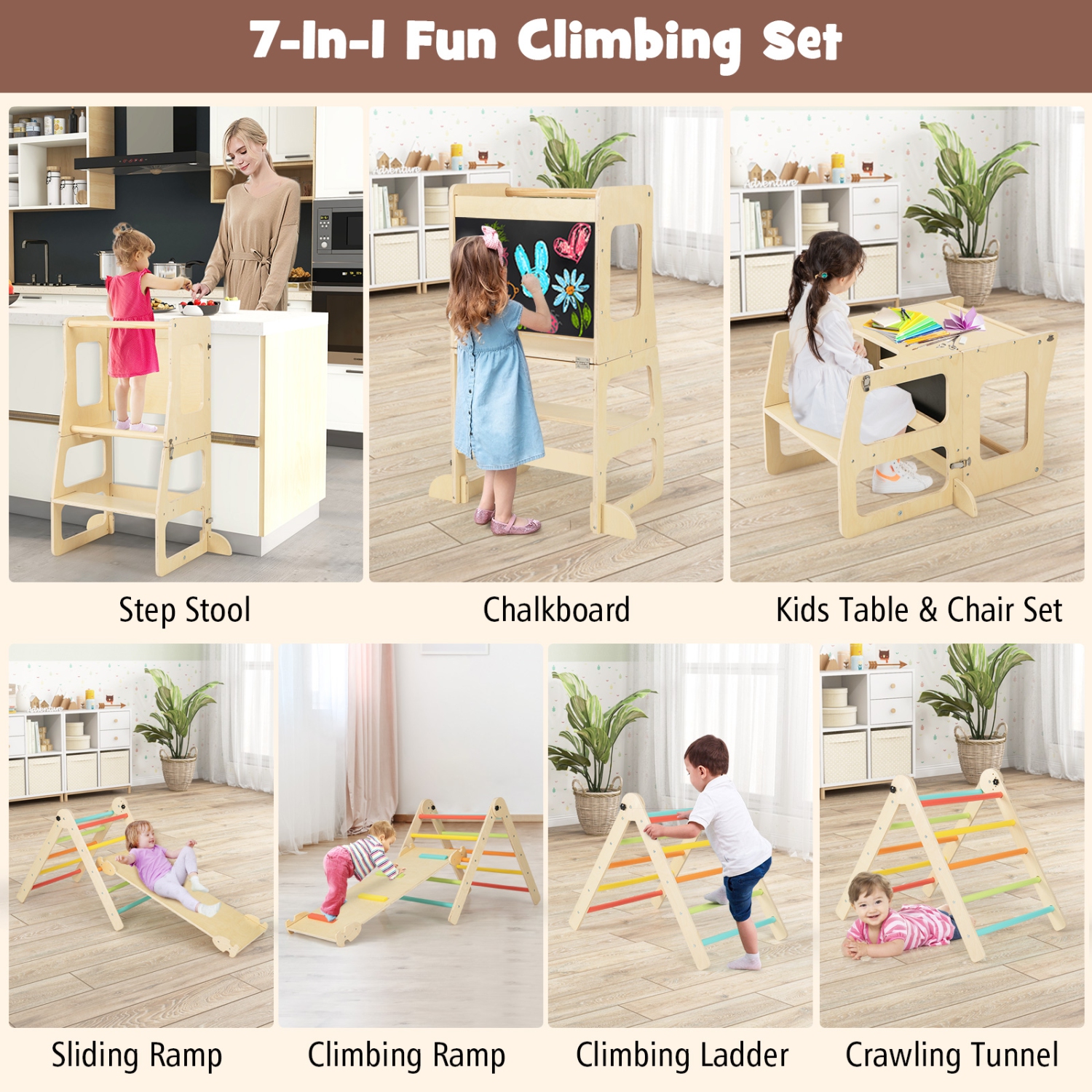 Costway 7-in-1 Toddler Climbing Toy Set with Reversible Ramp Convertible Step Stool