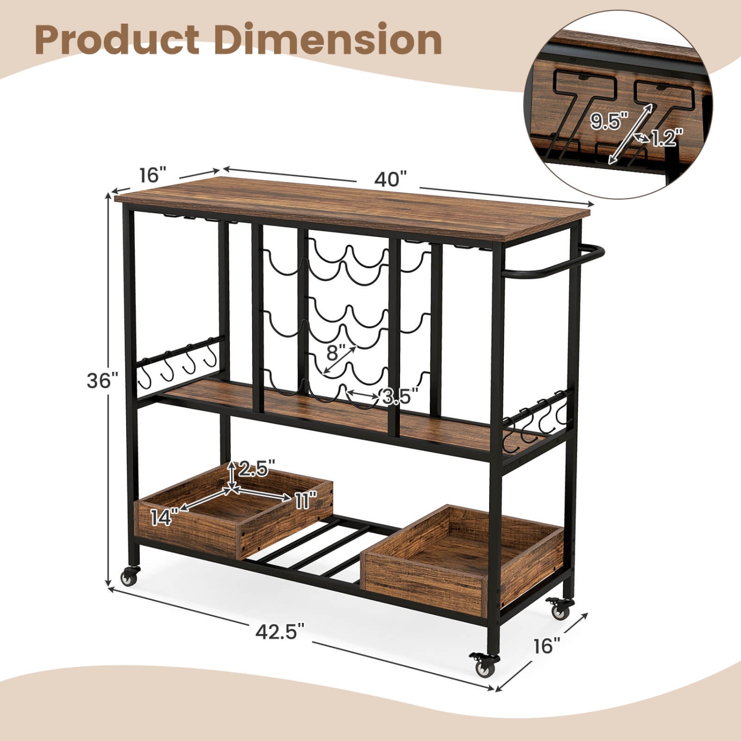 Costway 3 Tiers Bar Cart Home Serving Cart on Wheels with Glass Racks Wine Holders