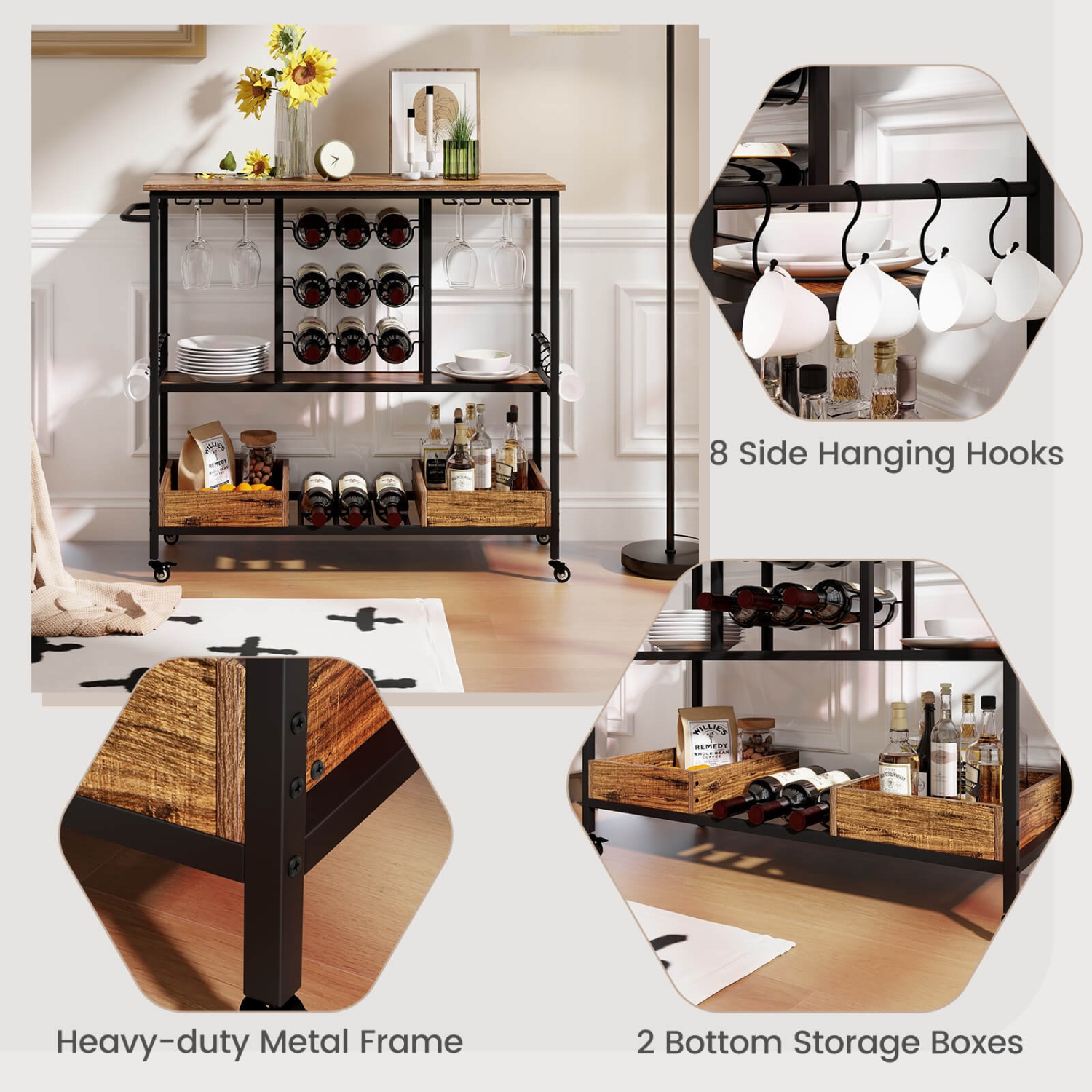 Costway 3 Tiers Bar Cart Home Serving Cart on Wheels with Glass Racks Wine Holders