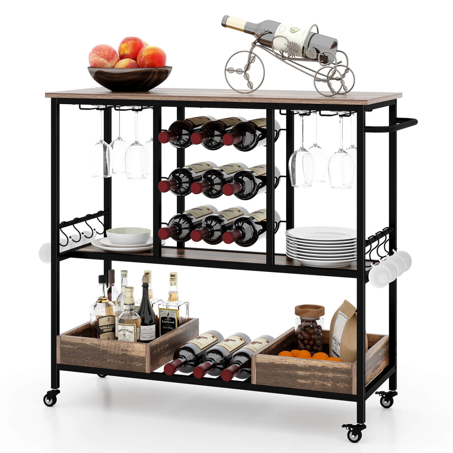 Costway 3 Tiers Bar Cart Home Serving Cart on Wheels with Glass Racks Wine Holders