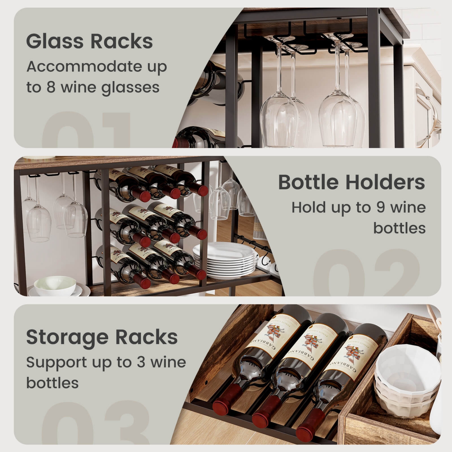 Costway 3 Tiers Bar Cart Home Serving Cart on Wheels with Glass Racks Wine Holders