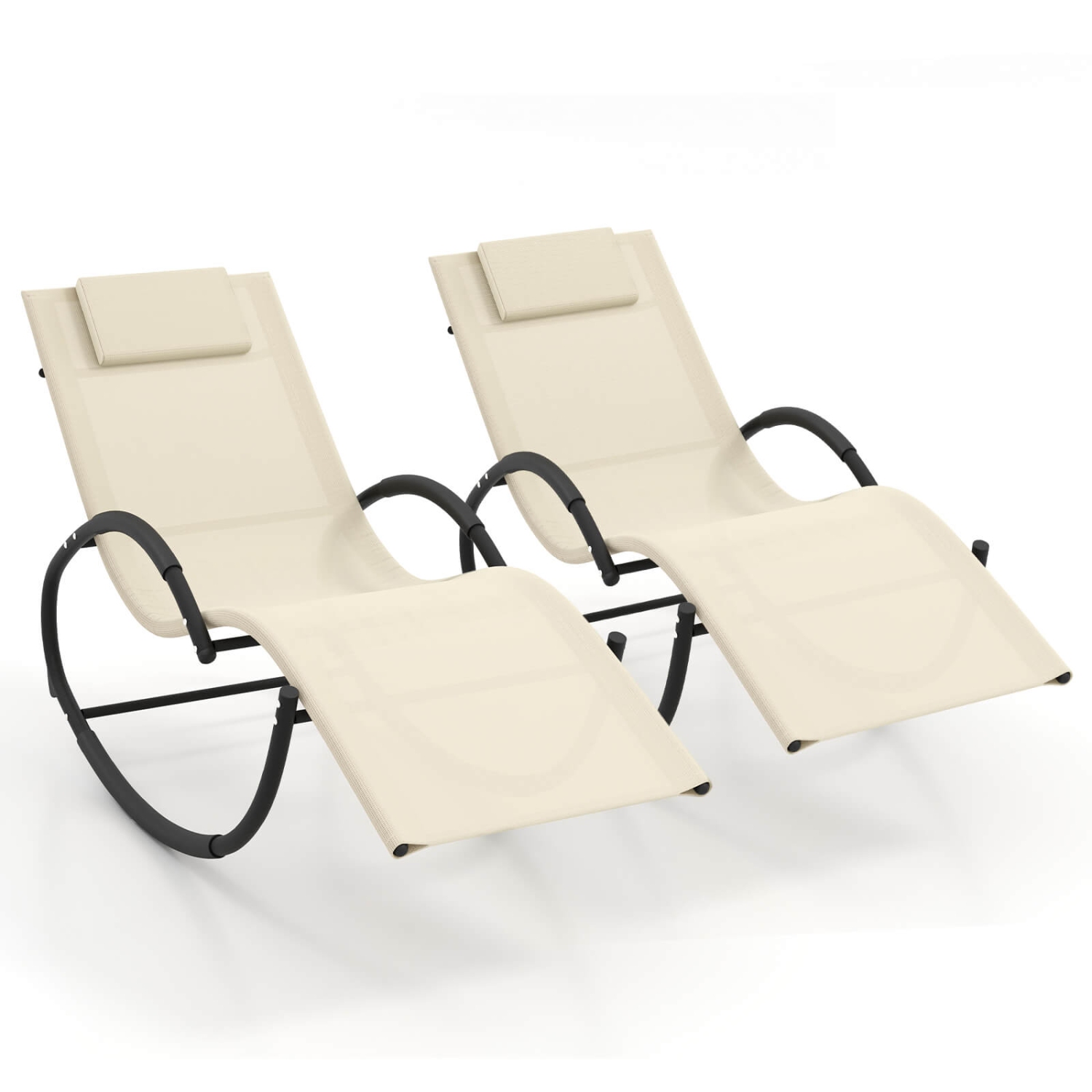 Costway 2 PCS Outdoor Rocking Lounge Chair with Removable Headrest Breathable Backrest & Seat Beige