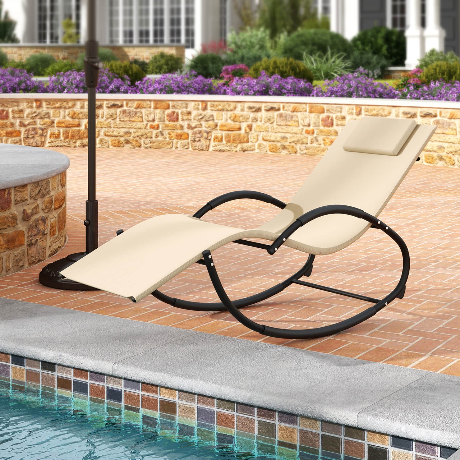 Costway 2 PCS Outdoor Rocking Lounge Chair with Removable Headrest Breathable Backrest & Seat Beige