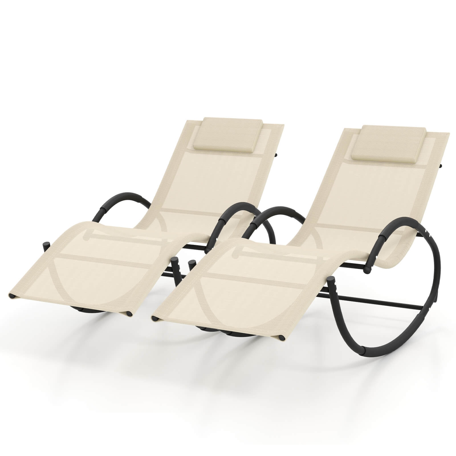 Costway 2 PCS Outdoor Rocking Lounge Chair with Removable Headrest Breathable Backrest & Seat Beige