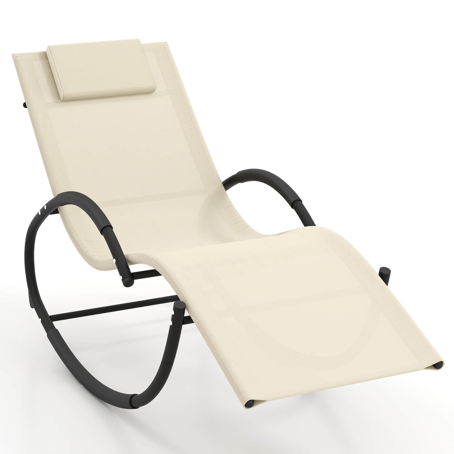 Costway 1 PCS Outdoor Rocking Lounge Chair with Removable Headrest Breathable Backrest & Seat Beige