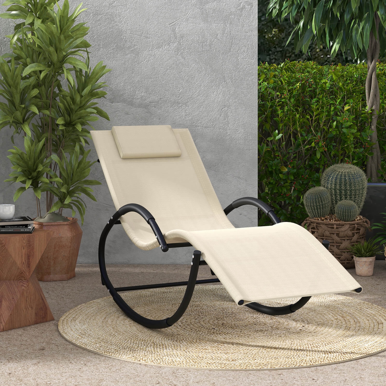 Costway 1 PCS Outdoor Rocking Lounge Chair with Removable Headrest Breathable Backrest & Seat Beige