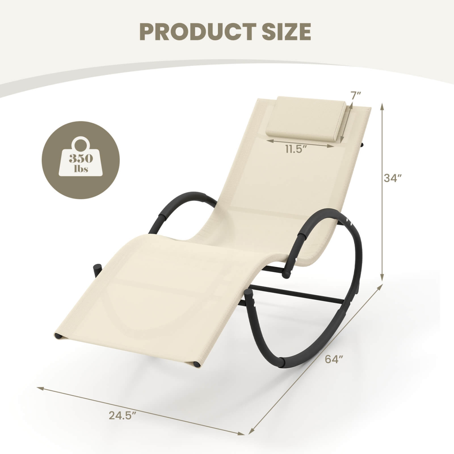 Costway 1 PCS Outdoor Rocking Lounge Chair with Removable Headrest Breathable Backrest & Seat Beige