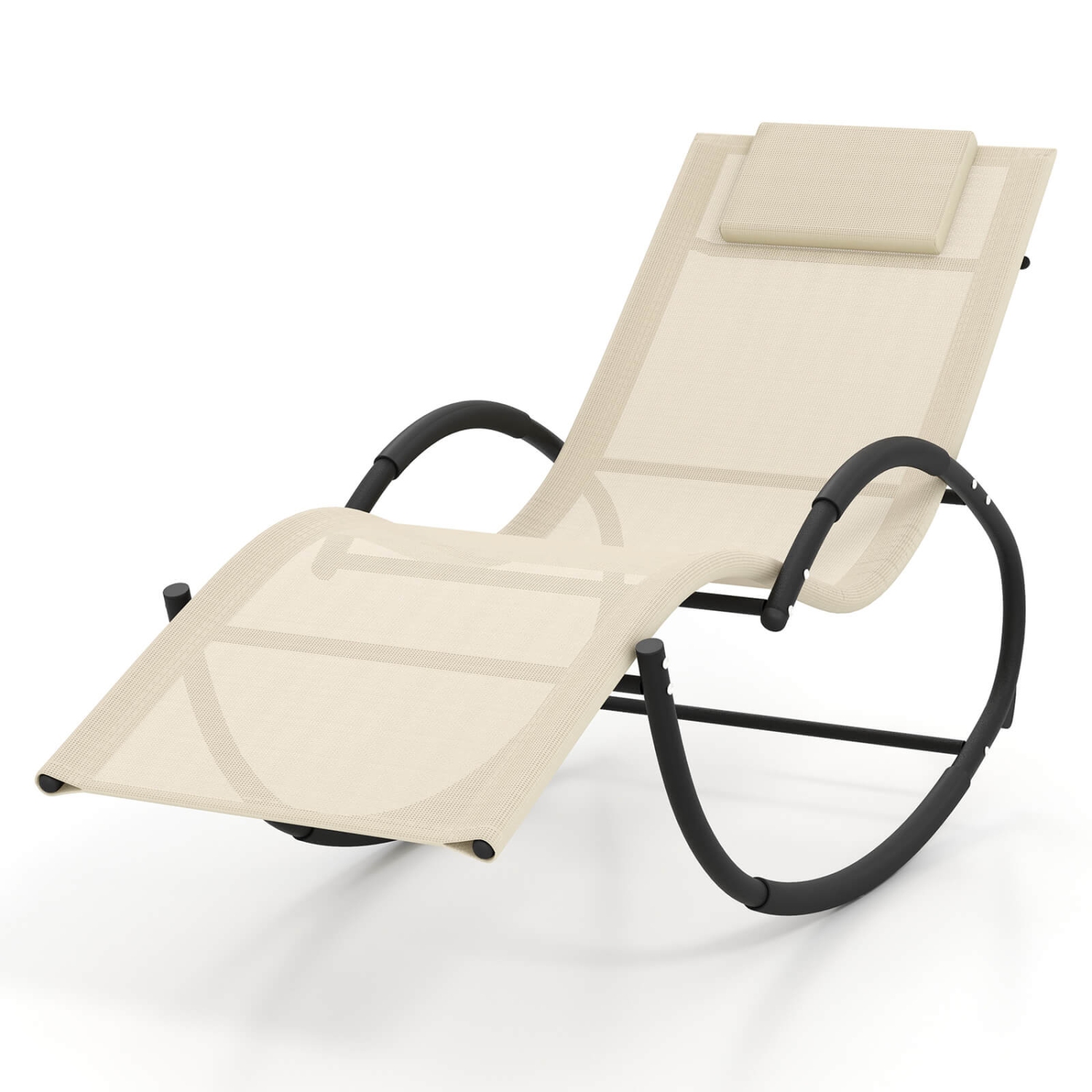 Costway 1 PCS Outdoor Rocking Lounge Chair with Removable Headrest Breathable Backrest & Seat Beige