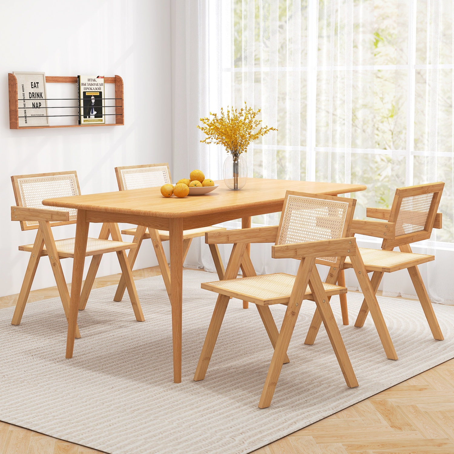 Costway Set of 4 Rattan Accent Chairs Mid Century Dining Armchair Bamboo Frame Kitchen Natural