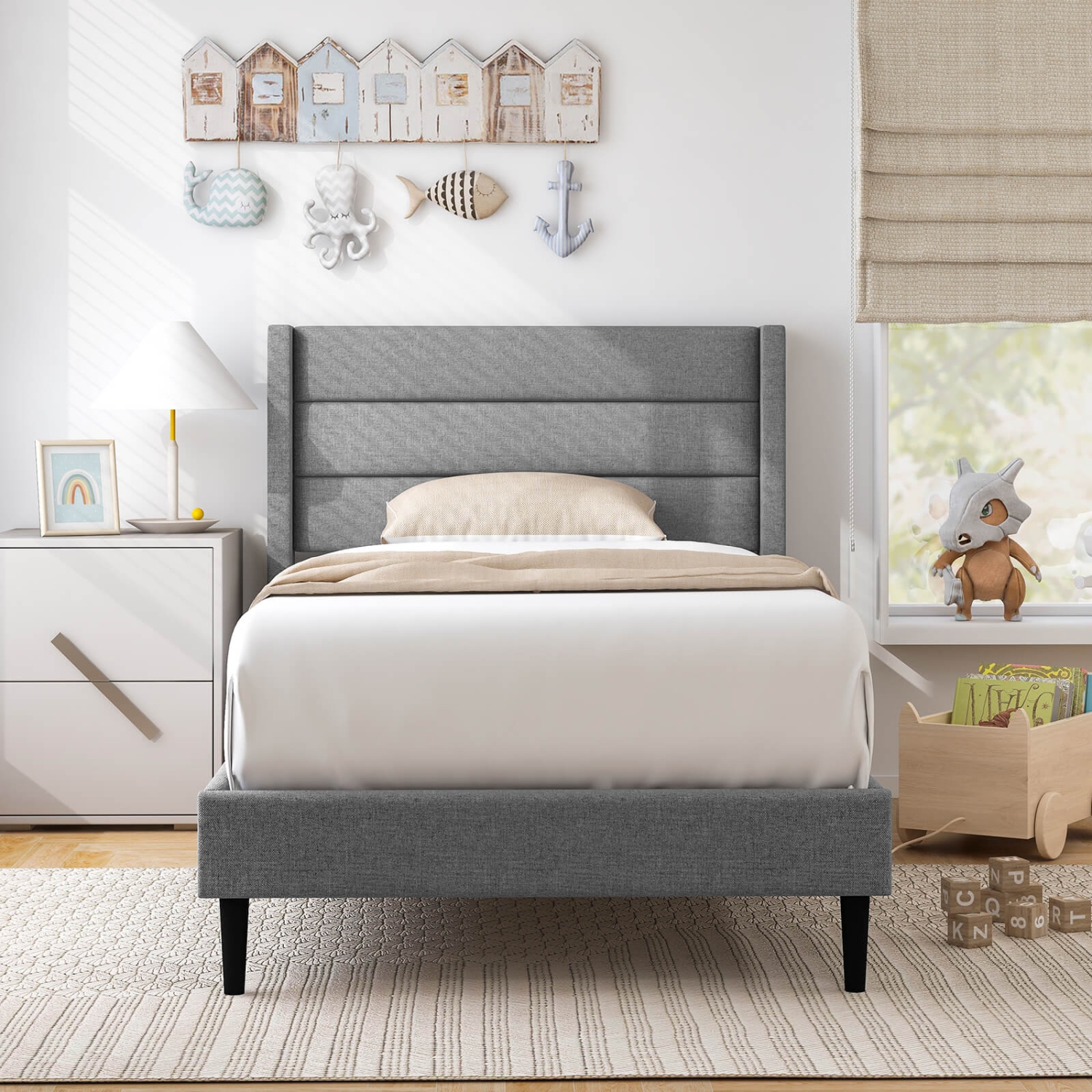 Costway Twin Bed Frame with Wingback Headboard Linen Upholstered Platform Bed Grey