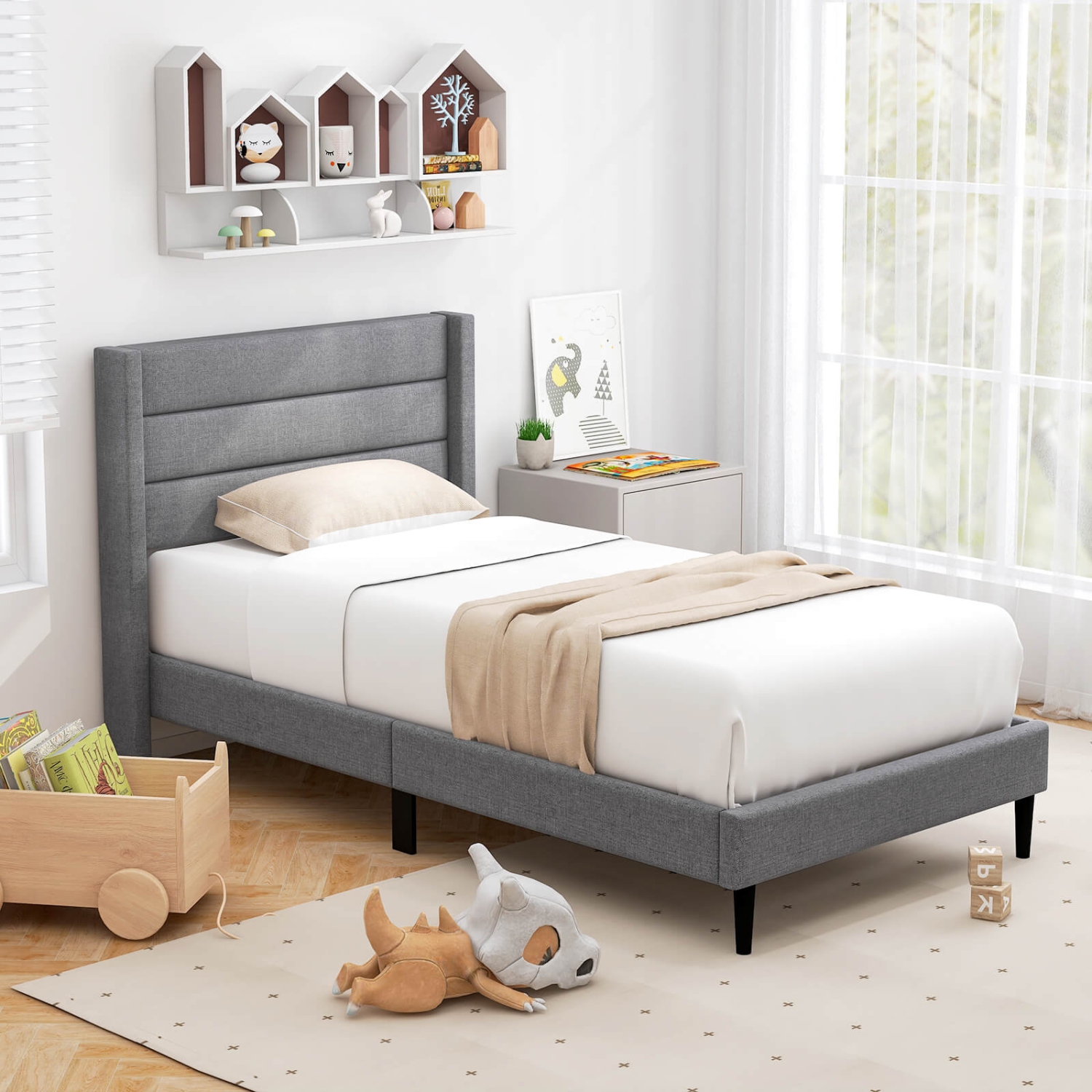 Costway Twin Bed Frame with Wingback Headboard Linen Upholstered Platform Bed Grey