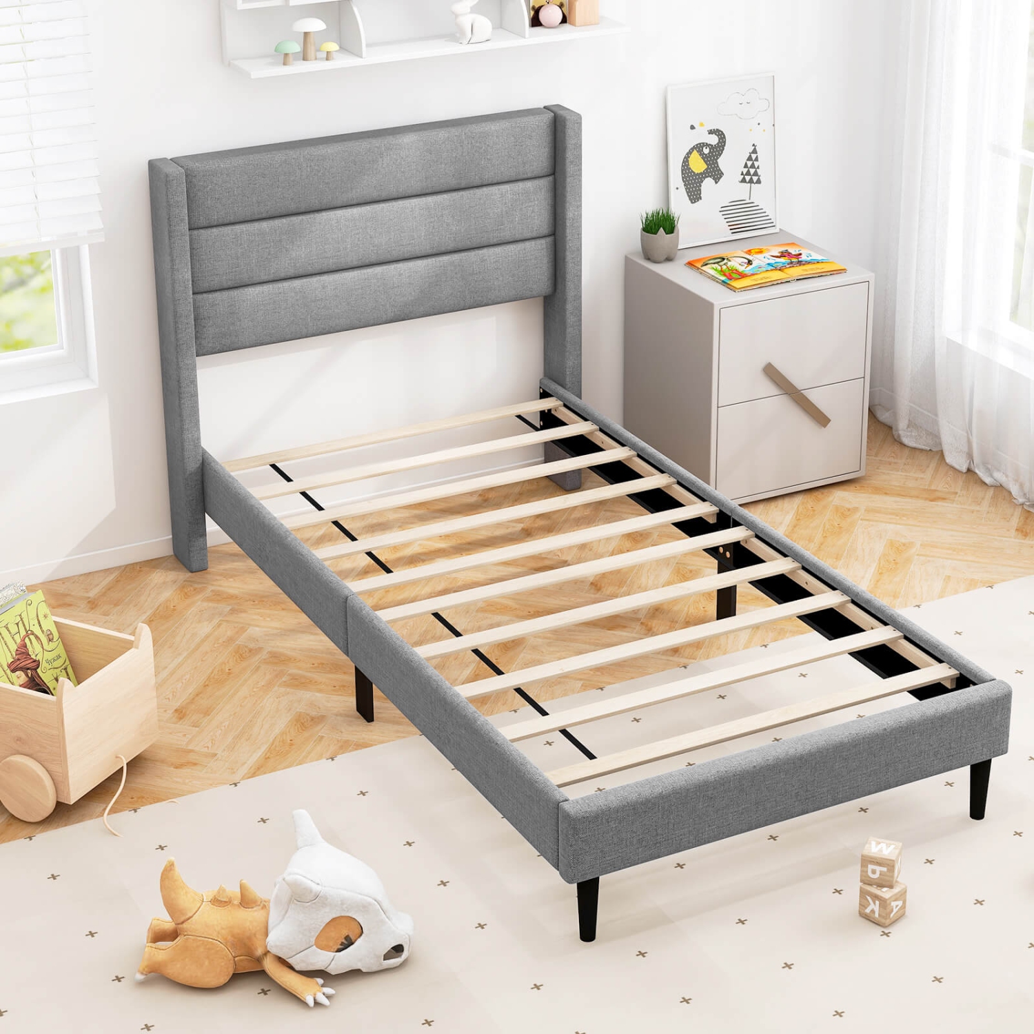 Costway Twin Bed Frame with Wingback Headboard Linen Upholstered Platform Bed Grey