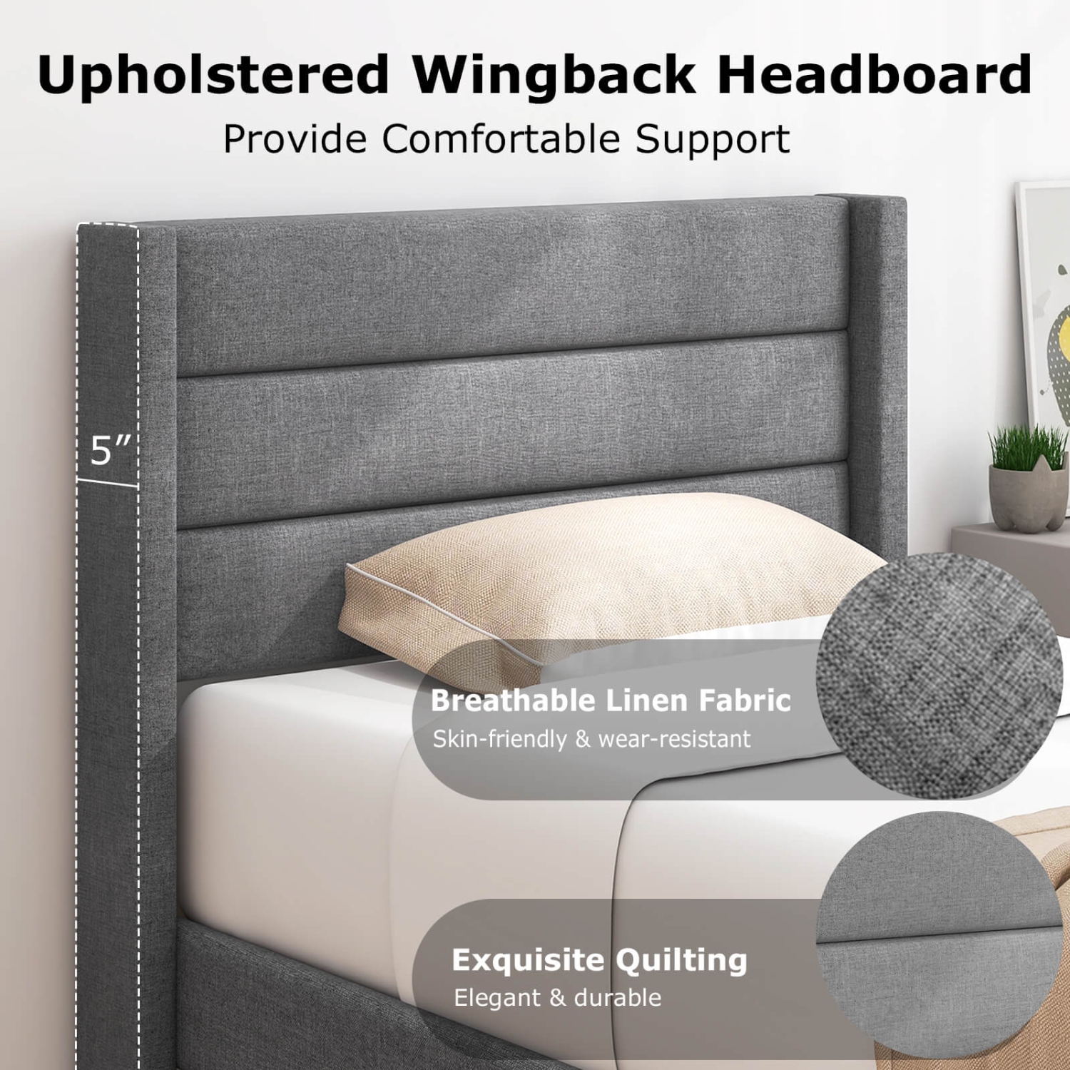 Costway Twin Bed Frame with Wingback Headboard Linen Upholstered Platform Bed Grey