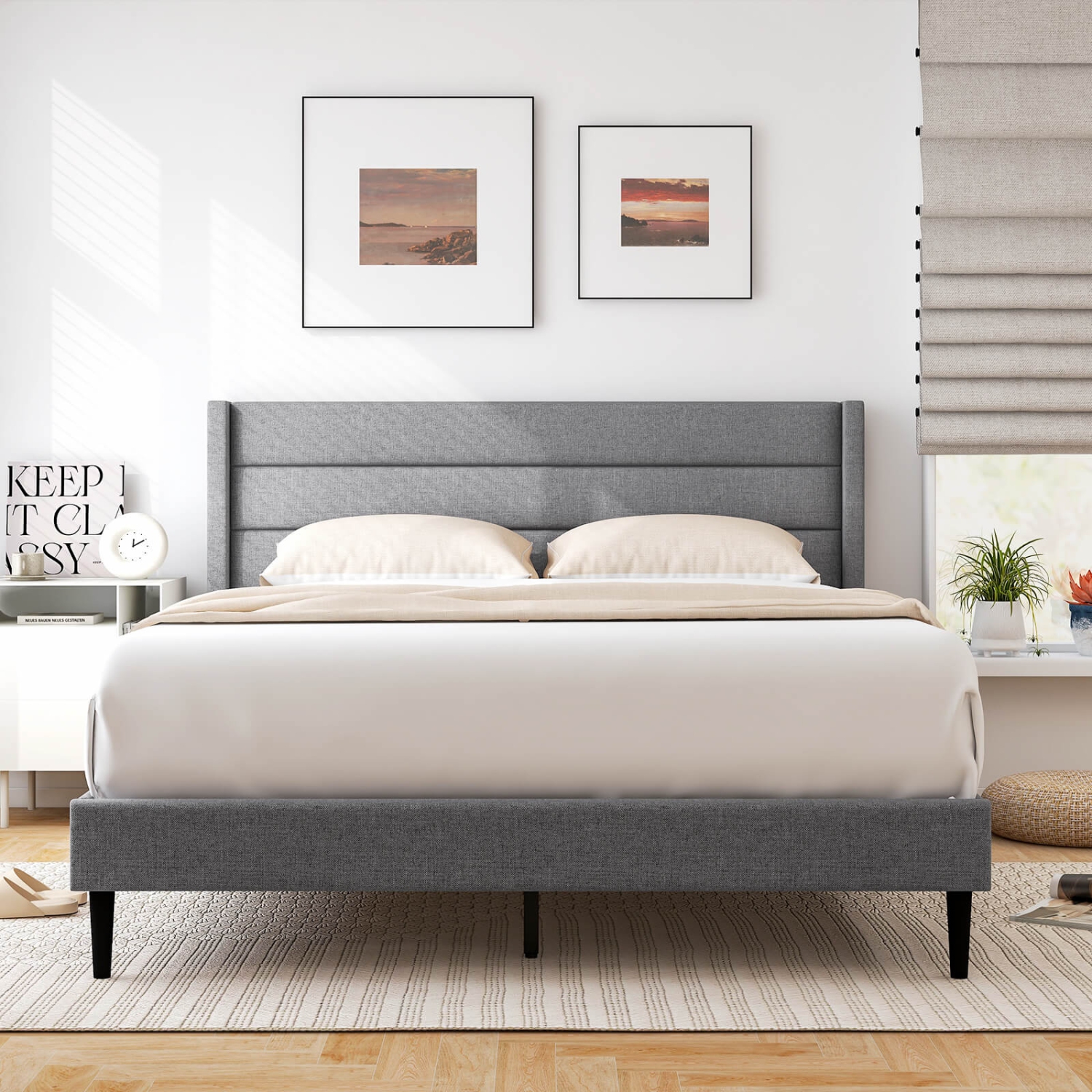 Costway Queen Bed Frame with Wingback Headboard Linen Upholstered Platform Bed Grey