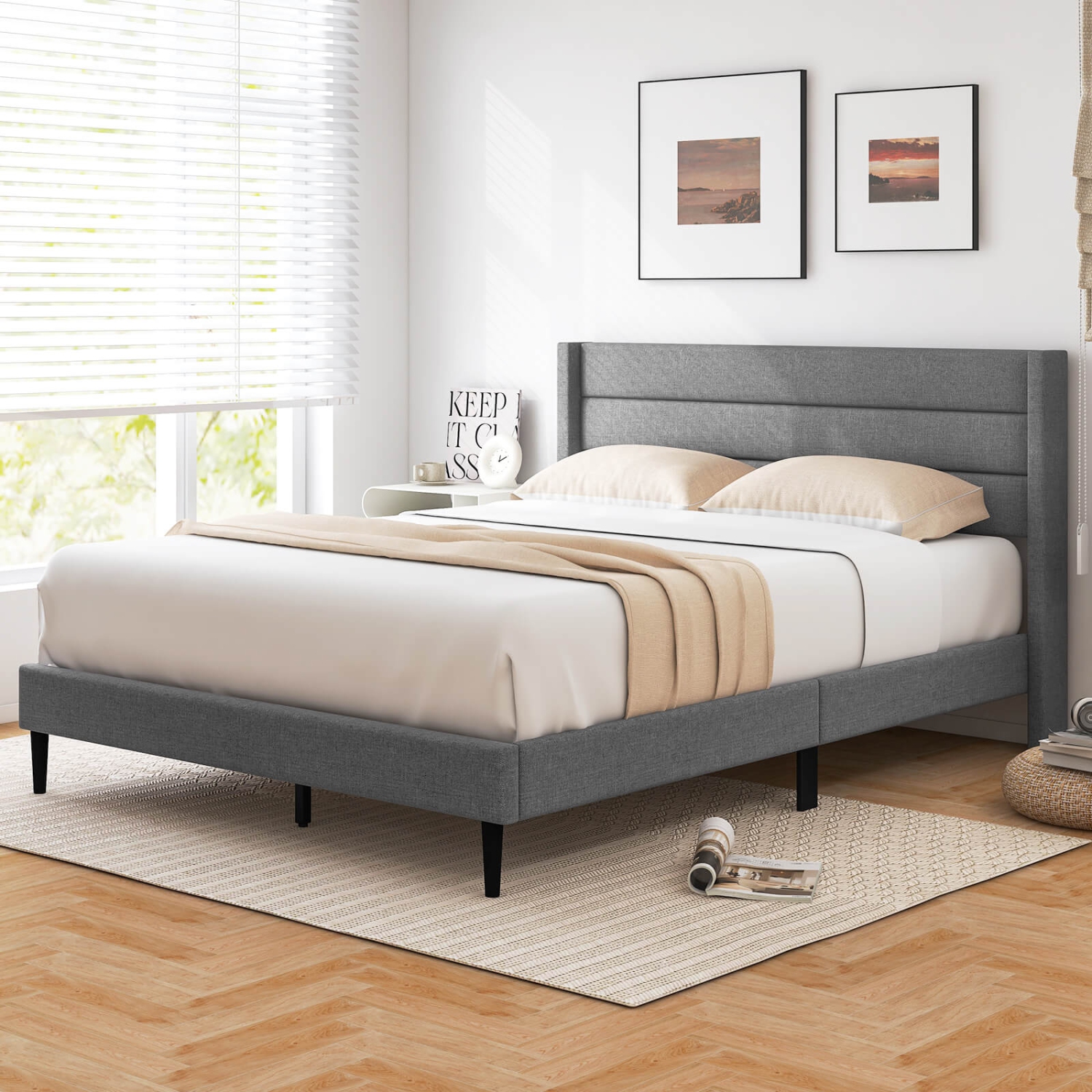 Costway Queen Bed Frame with Wingback Headboard Linen Upholstered Platform Bed Grey