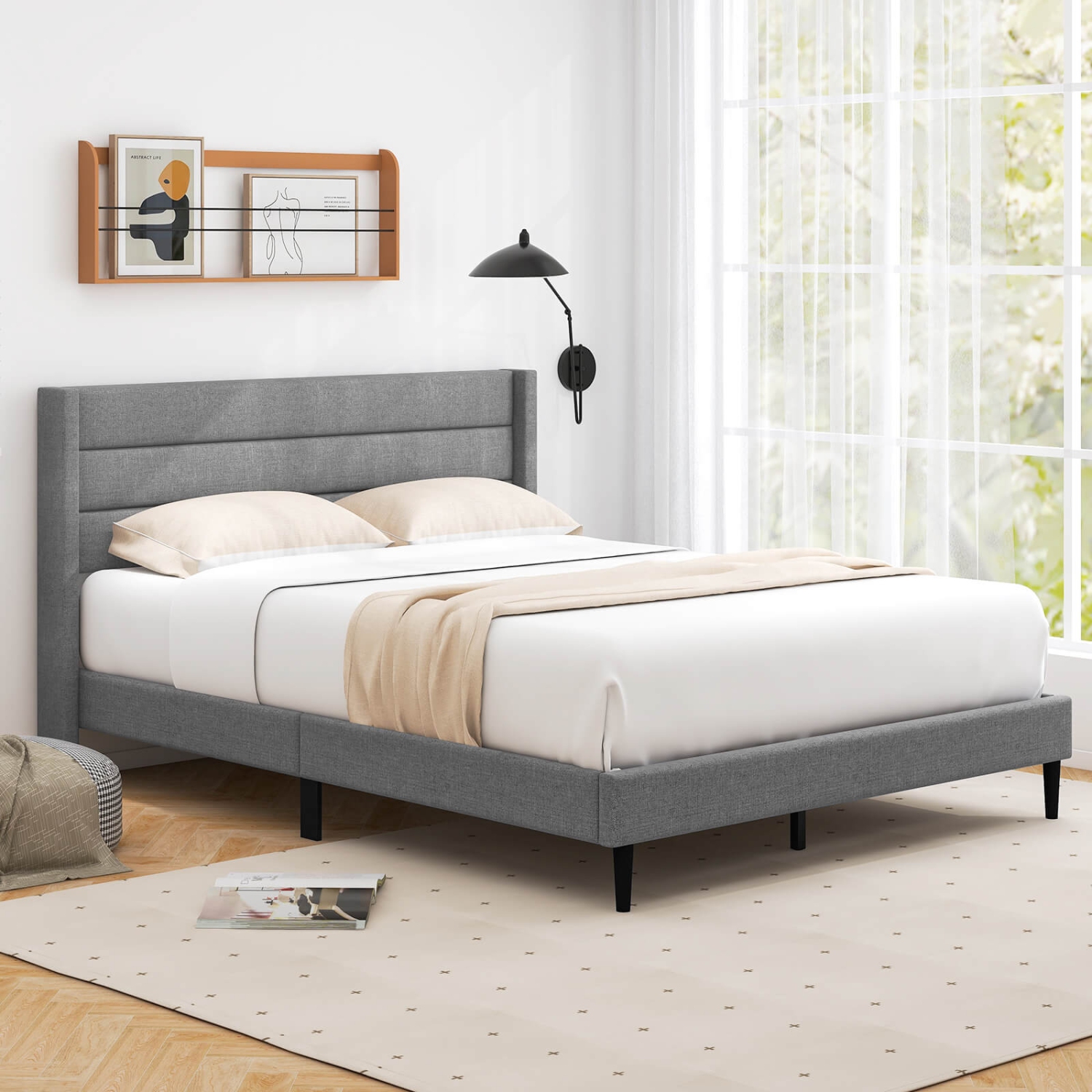 Costway Queen Bed Frame with Wingback Headboard Linen Upholstered Platform Bed Grey