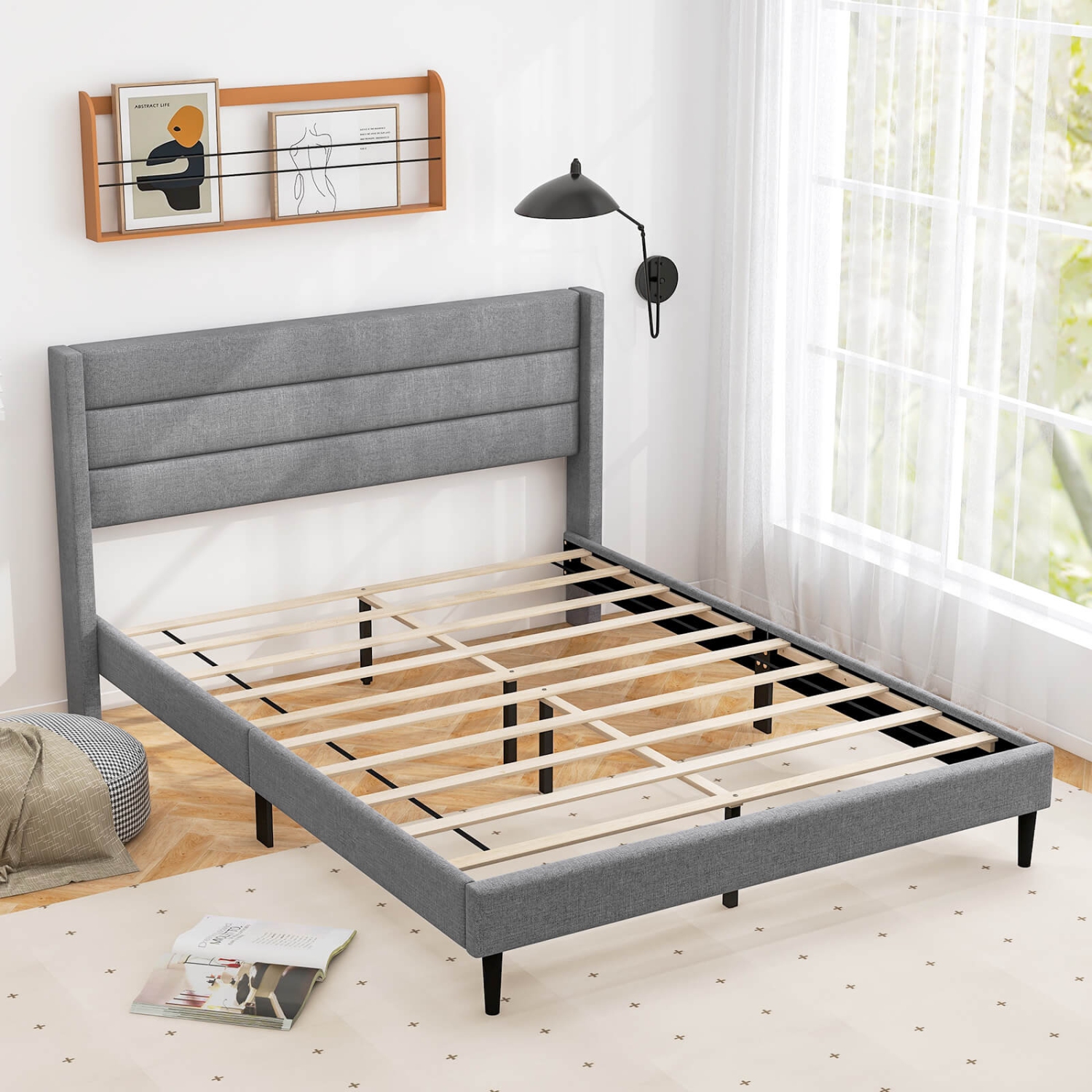 Costway Queen Bed Frame with Wingback Headboard Linen Upholstered Platform Bed Grey
