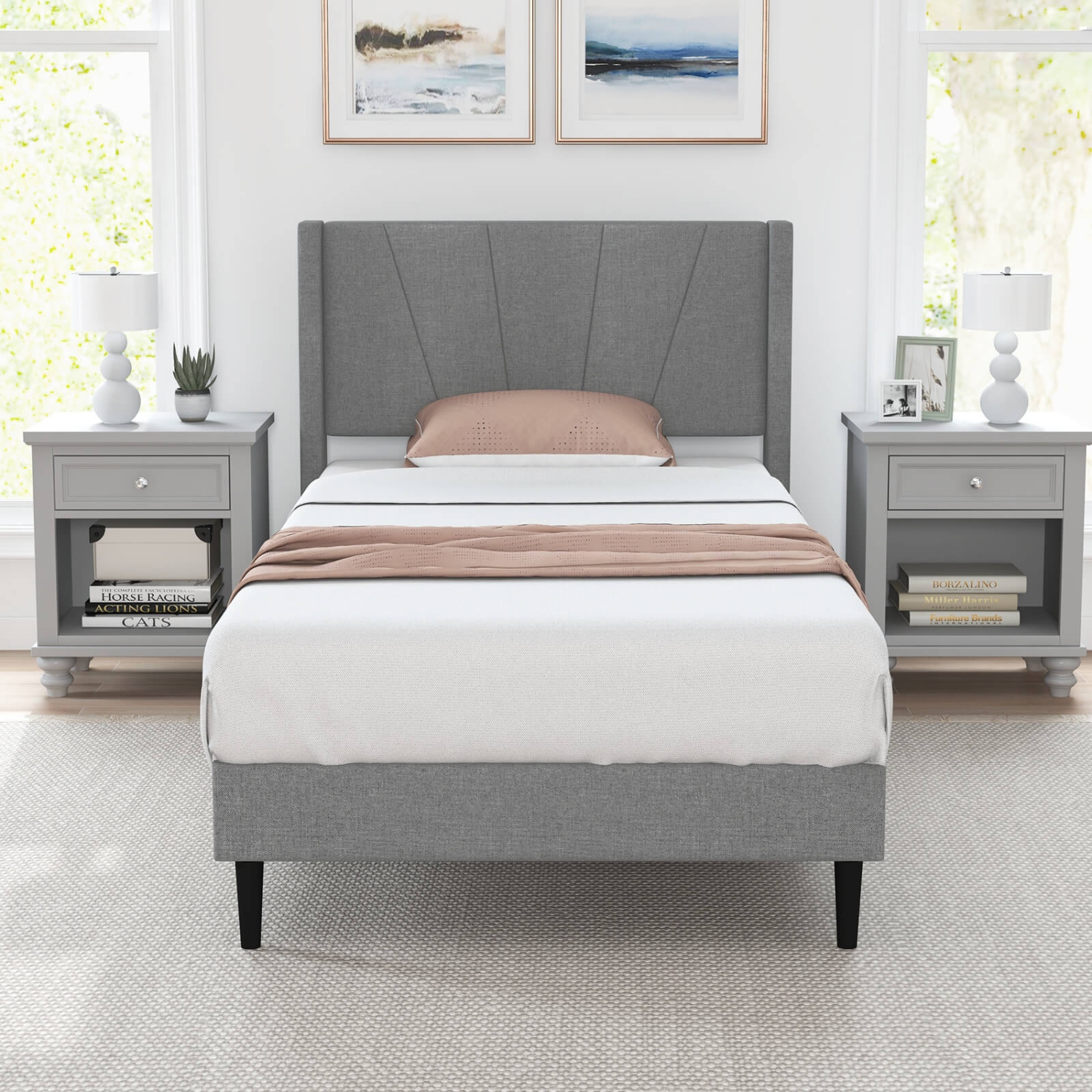 Costway Twin Bed Frame Modern Platform Bed with Linen Upholstered Wingback Headboard