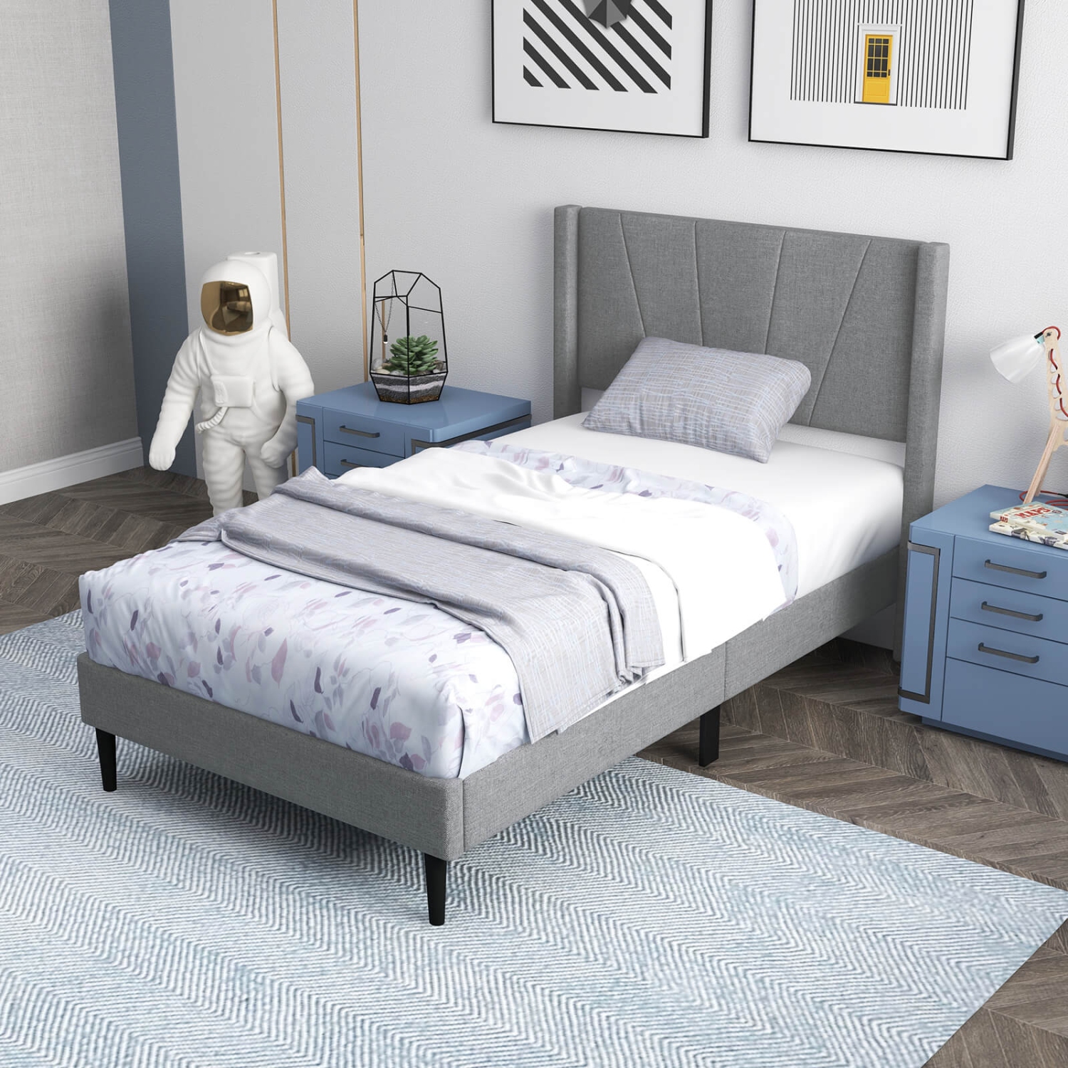 Costway Twin Bed Frame Modern Platform Bed with Linen Upholstered Wingback Headboard