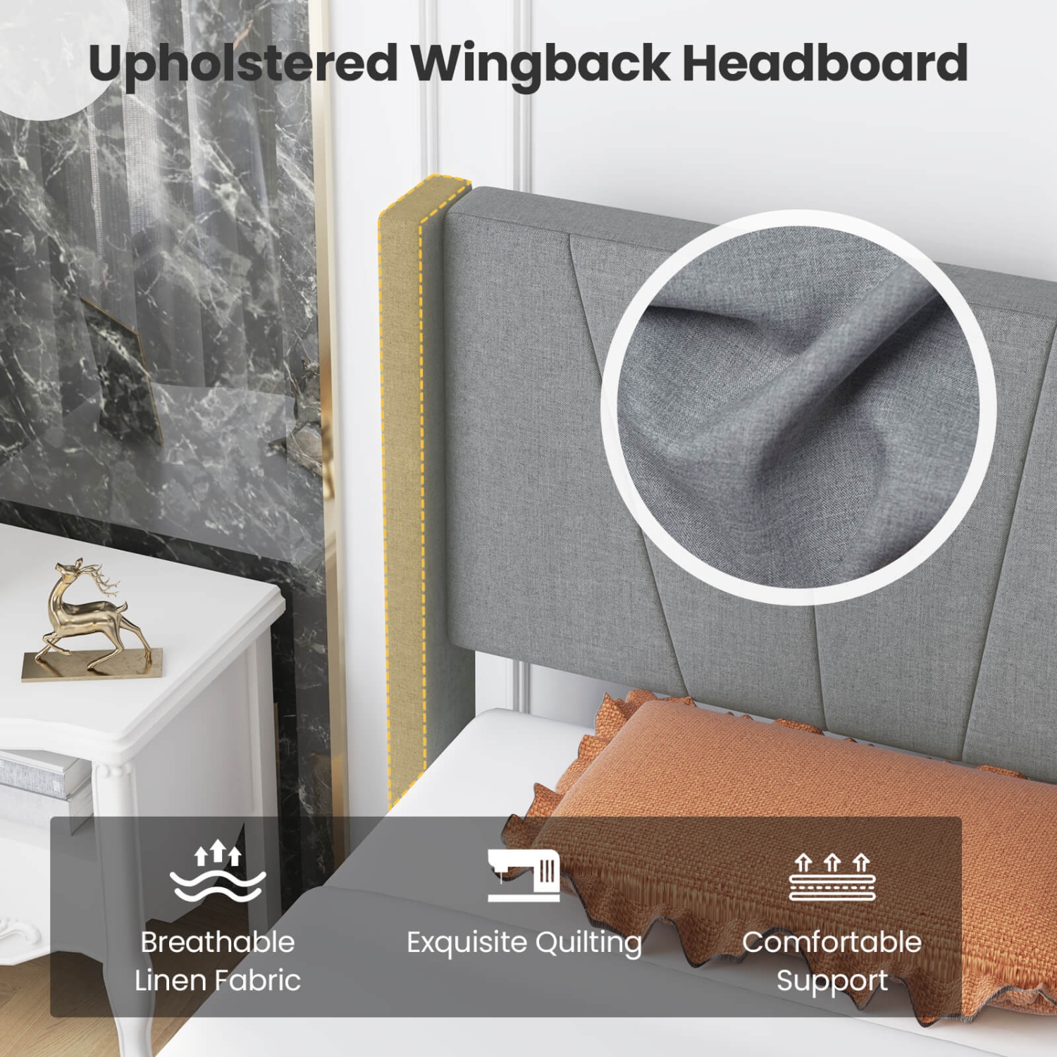 Costway Twin Bed Frame Modern Platform Bed with Linen Upholstered Wingback Headboard