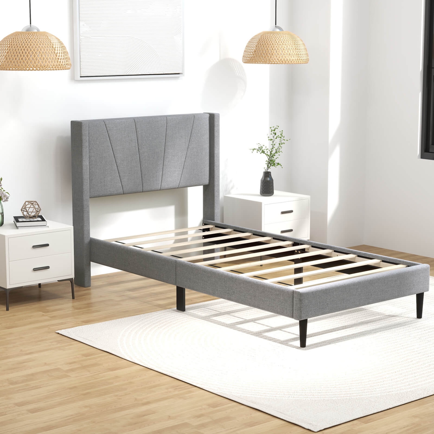 Costway Twin Bed Frame Modern Platform Bed with Linen Upholstered Wingback Headboard