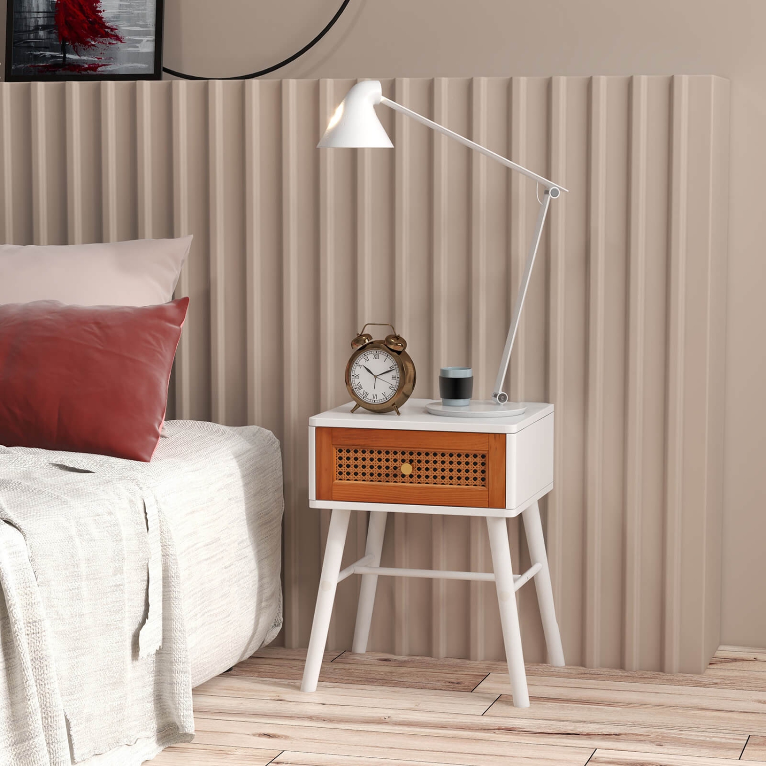 Costway 1 PCS Nightstand with Storage Drawer Rattan Decoration Solid Wood Legs for Bedroom