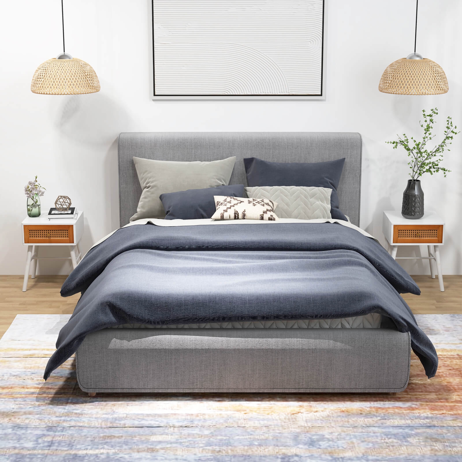 Costway 1 PCS Nightstand with Storage Drawer Rattan Decoration Solid Wood Legs for Bedroom