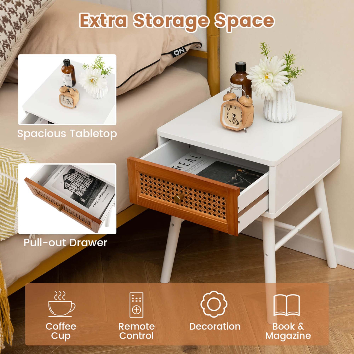 Costway 1 PCS Nightstand with Storage Drawer Rattan Decoration Solid Wood Legs for Bedroom