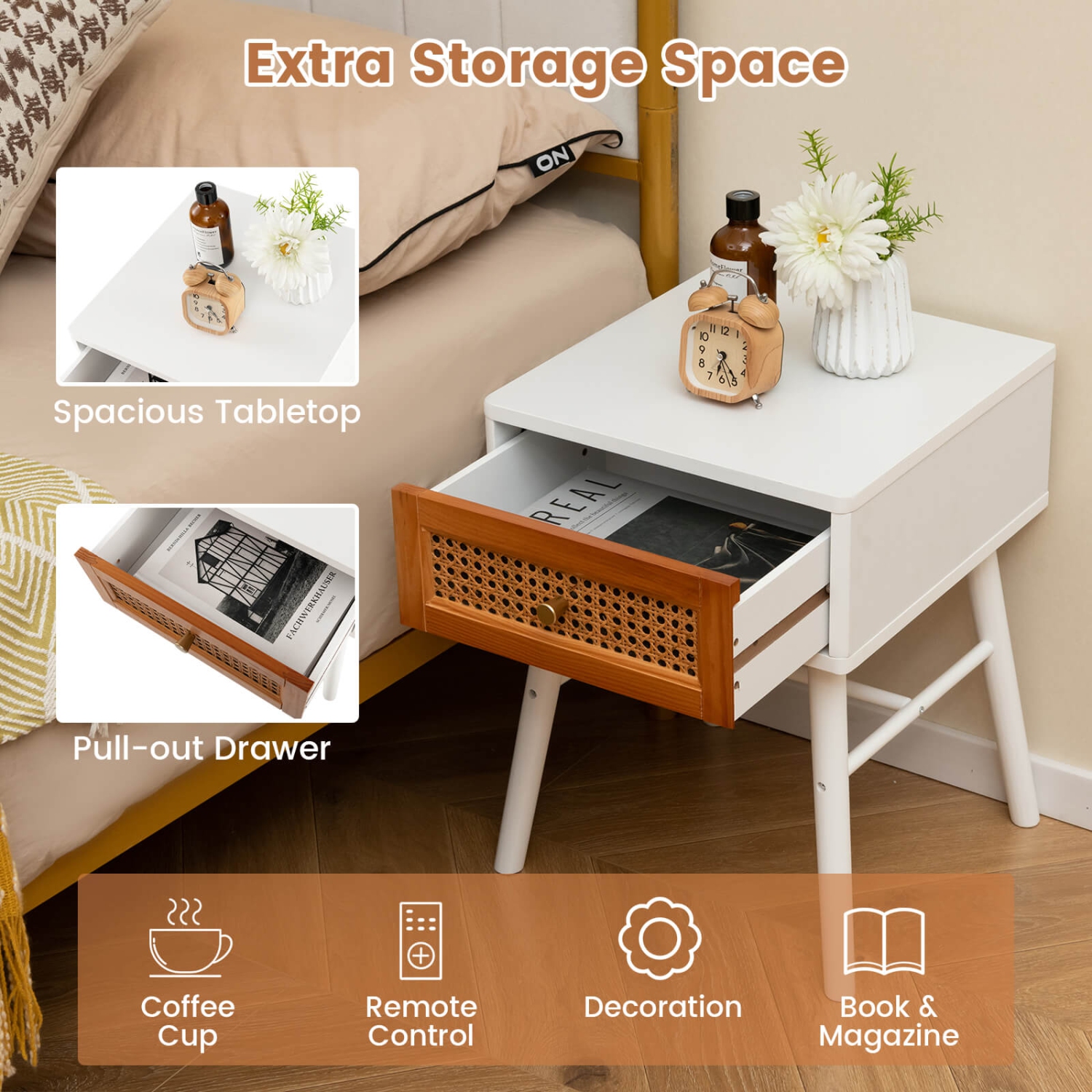 Costway 2 PCS Nightstand with Storage Drawer Rattan Decoration Solid Wood Legs for Bedroom