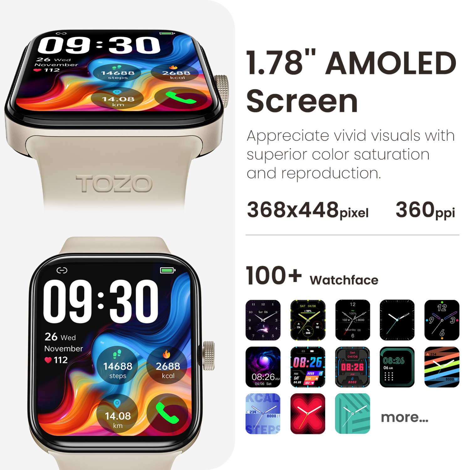 TOZO S4 AcuFit One Smart Watch 1.78" AMOLED Screen , Bluetooth Call Dial Fitness Tracker, Heart Rate and Blood Oxygen, Sleep Monitor, IP68
