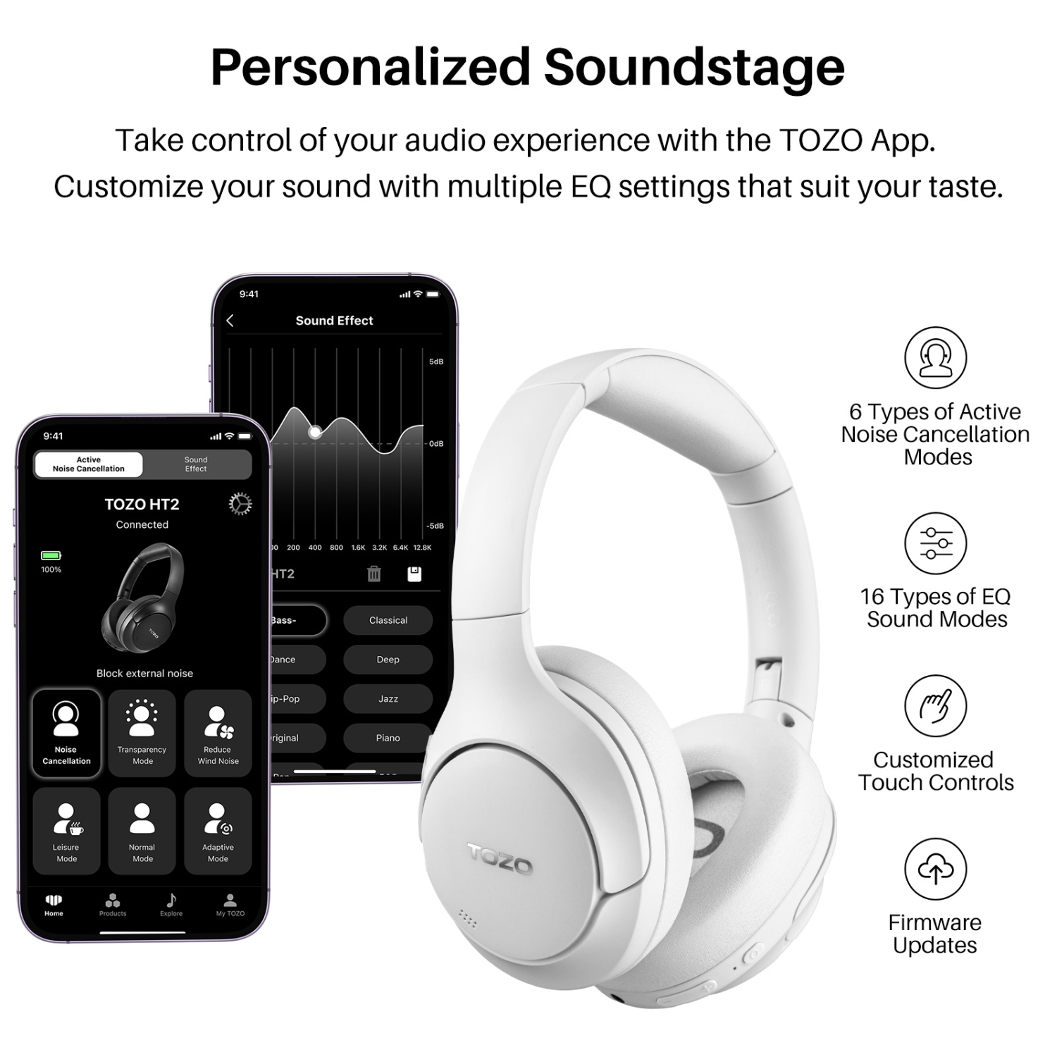 TOZO HT2 Hybrid Active Noise Cancelling Headphones, Wireless Over Ear Bluetooth Headphones, 60H Playtime, Hi-Res Audio Custom EQ via App Deep Bass