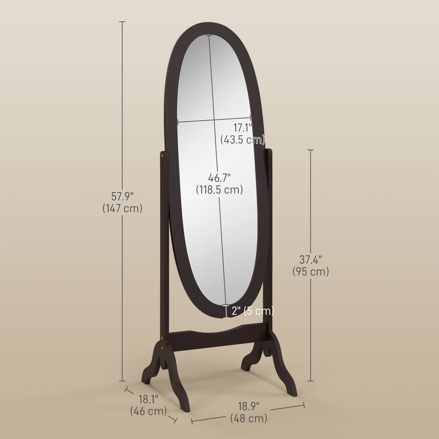 Miroir pleine longueur de HOMCOM, miroir de corps autonome avec cadre ovale, angle réglable pour dressing, chambre, salon, café