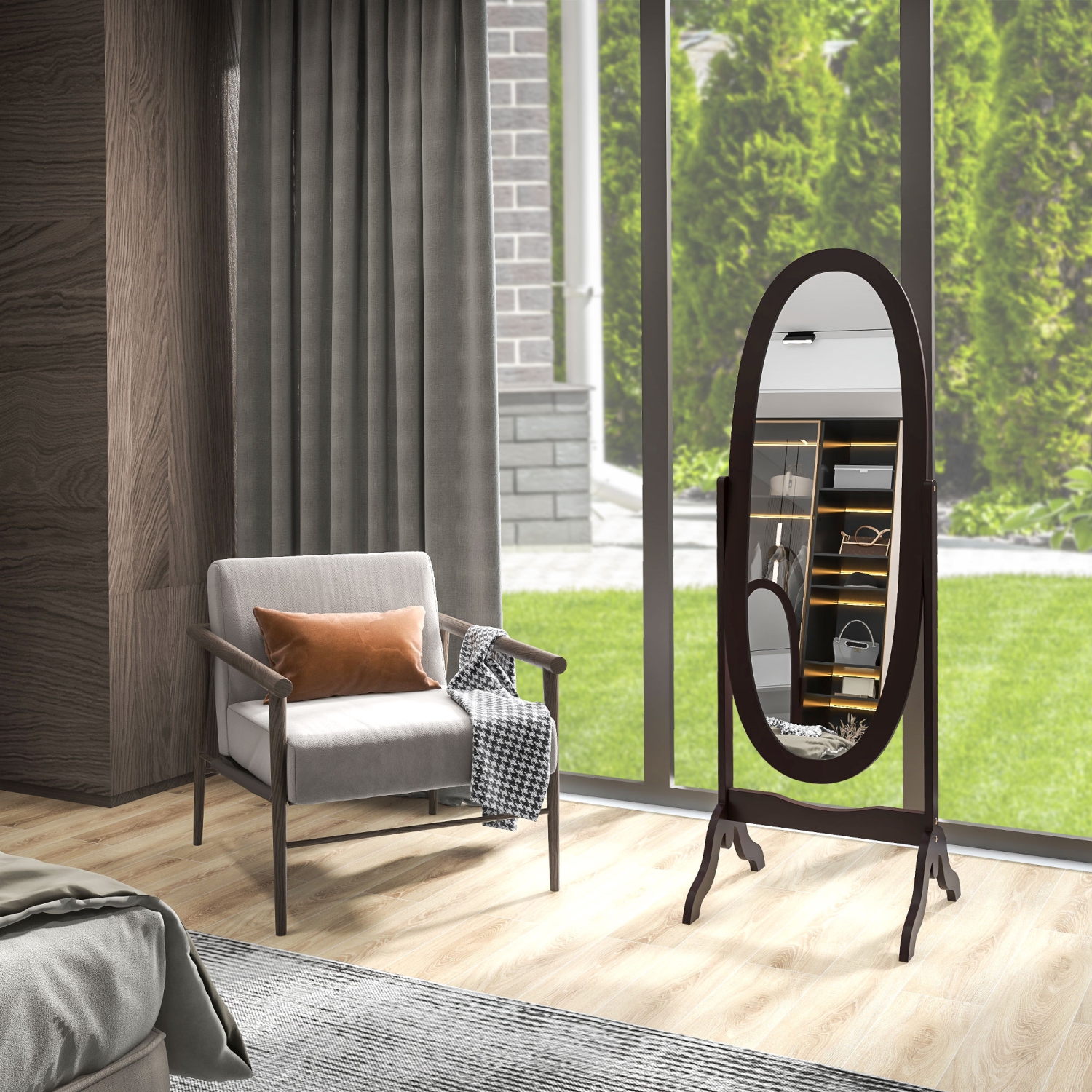 Miroir pleine longueur de HOMCOM, miroir de corps autonome avec cadre ovale, angle réglable pour dressing, chambre, salon, café