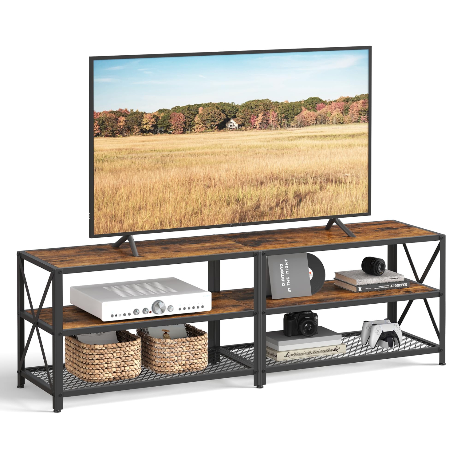 VASAGLE TV Stand for TV up to 70 Inches, TV Bench, Entertainment Center, 3-Tier TV Console, Rustic Brown and Black ULT..