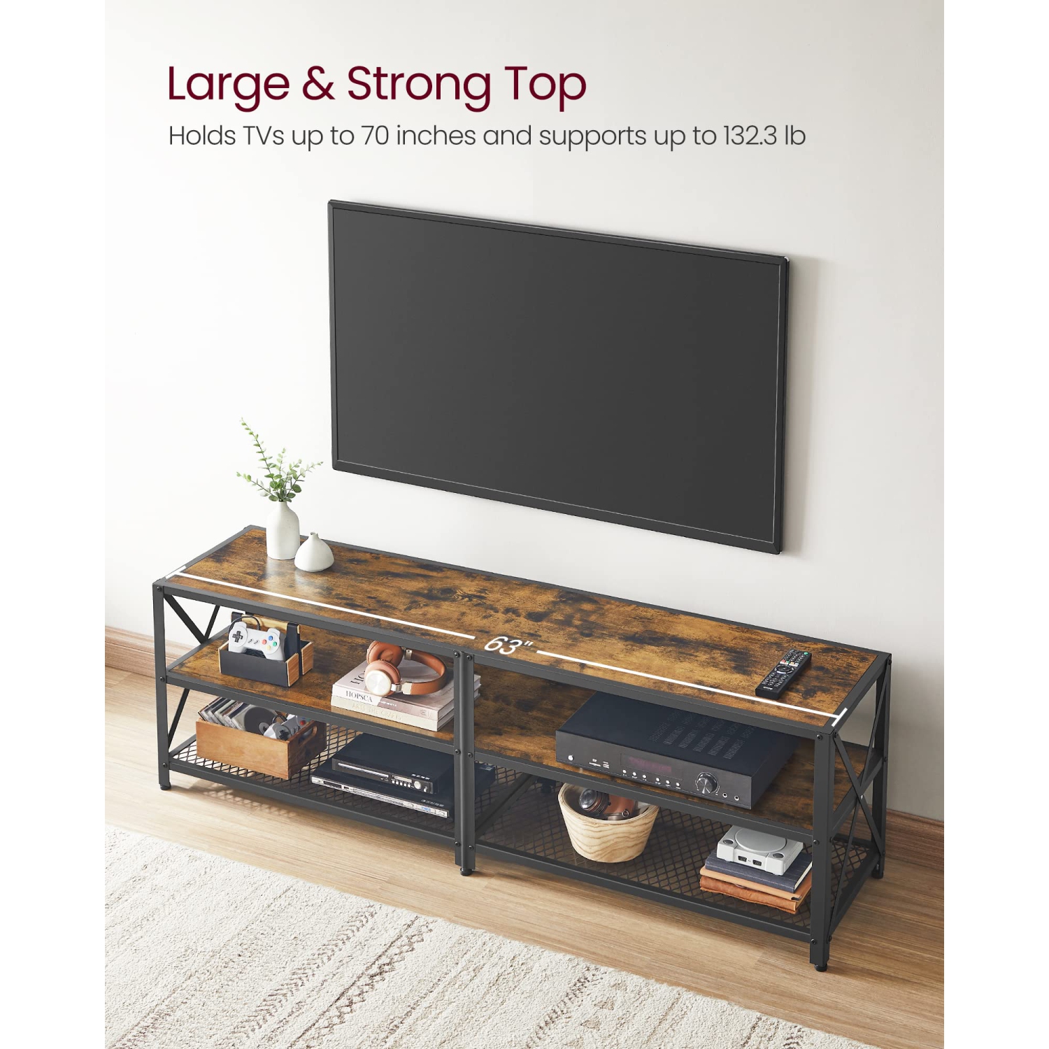 VASAGLE TV Stand for TV up to 70 Inches, TV Bench, Entertainment Center, 3-Tier TV Console, Rustic Brown and Black ULT..