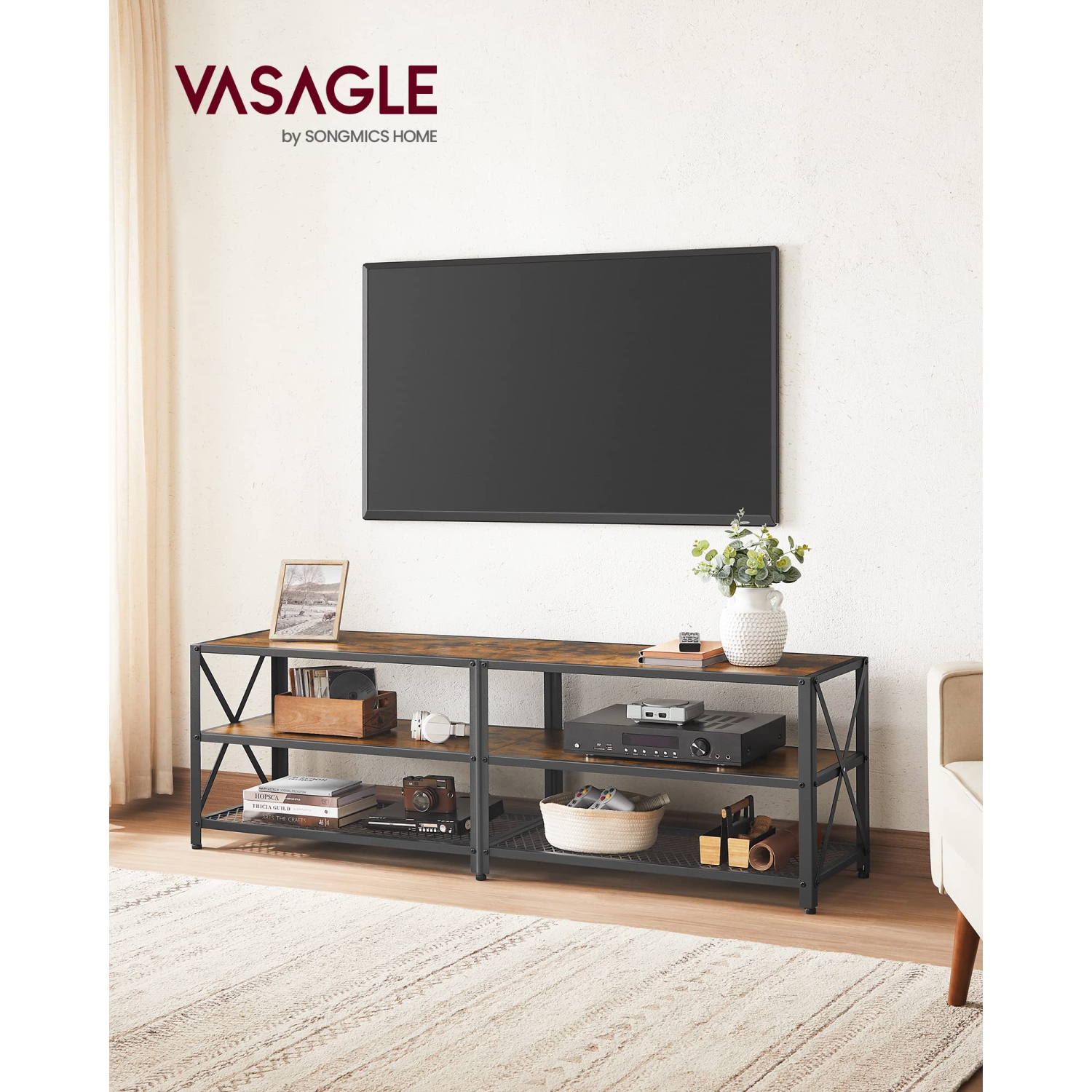 VASAGLE TV Stand for TV up to 70 Inches, TV Bench, Entertainment Center, 3-Tier TV Console, Rustic Brown and Black ULT..